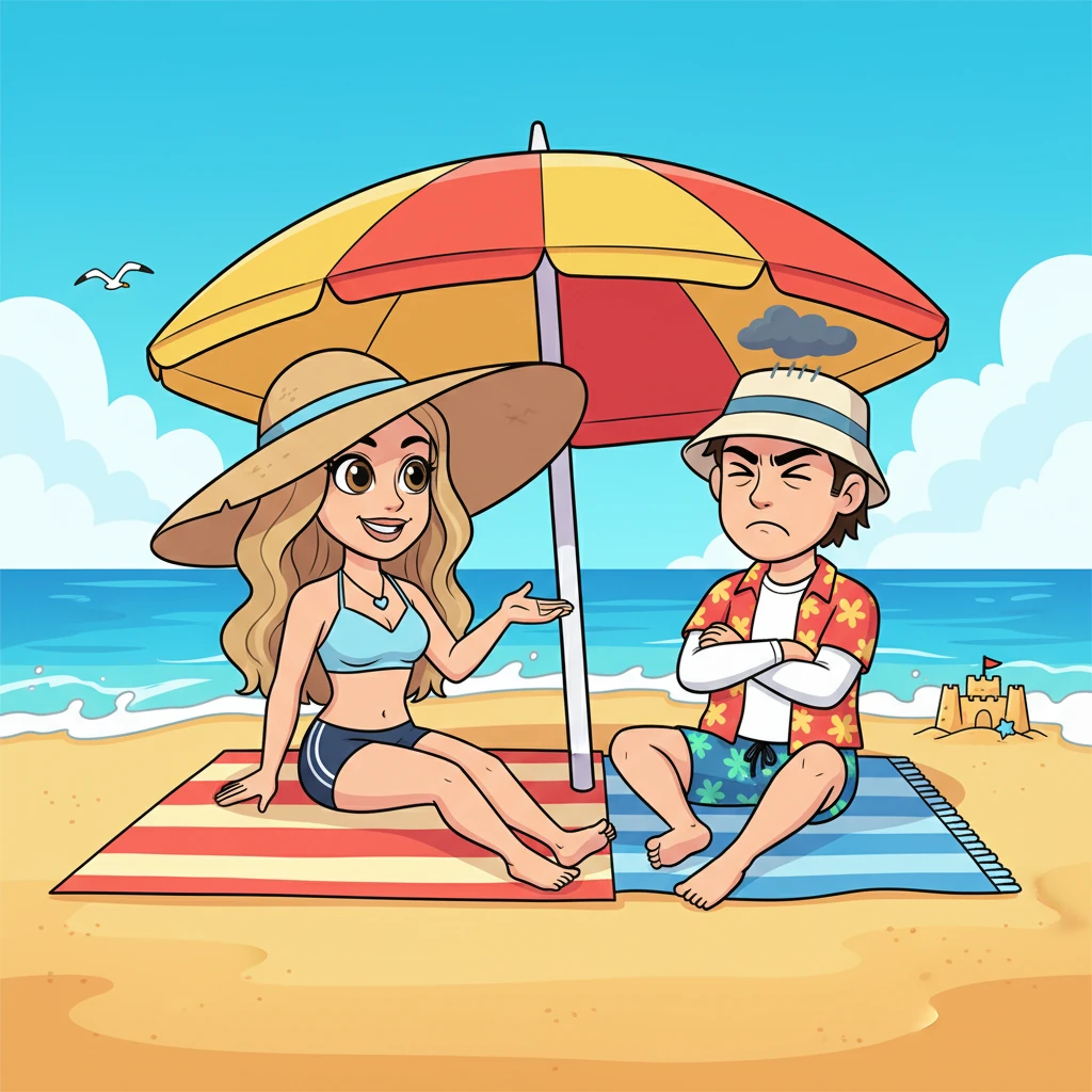 A vibrant, sunny beach scene unfolds, with playful waves crashing gently on the shore and a cheerful beach umbrella providing shade. Sarah, lounging contentedly with a bright, oversized sunhat, gestures playfully towards a visibly uncomfortable Ray. Ray, looking comically out of place in his beach attire, sits stiffly beside her, his arms crossed and an exaggerated frown on his face, clearly wishing he was anywhere else. The bright, cheerful colors of summer highlight the awkward tension between them.