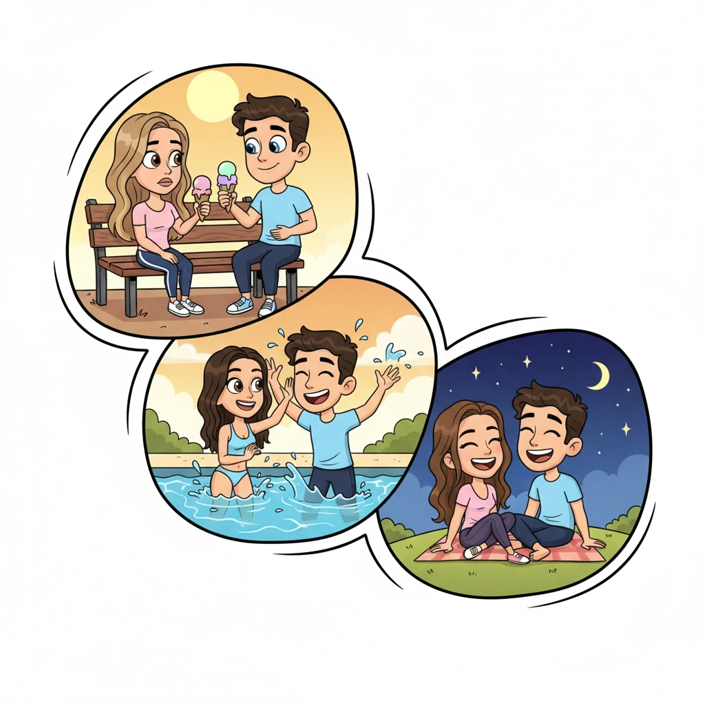 A series of quick, flowing vignettes shows their summer transforming, each framed with smooth, curving lines. From a hesitant shared ice cream cone on a park bench to a playful splash fight at a pool, their expressions gradually soften from forced tolerance to genuine smiles. A scene of them laughing together under a starry sky shows a genuine connection blooming, their exaggerated features conveying growing affection. The vibrant colors shift from bright daytime hues to warm evening tones, reflecting their evolving bond.