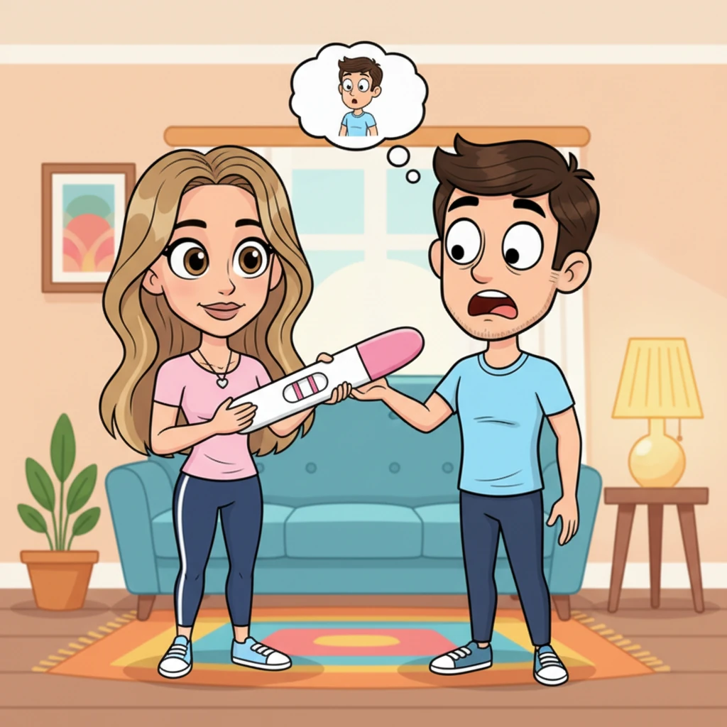 In a cozy, brightly decorated living room, Sarah, with a gentle, knowing smile, holds up a comically positive pregnancy test for Ray to see. Ray's eyes are wide with surprise, his simplified features conveying a complex mix of shock, disbelief, and a hint of dawning realization. The scene is bathed in warm, soft colors, creating an intimate atmosphere despite the initial surprise, marking a significant turning point in their unexpected journey together. A playful thought bubble above Ray's head might show a tiny version of him.
