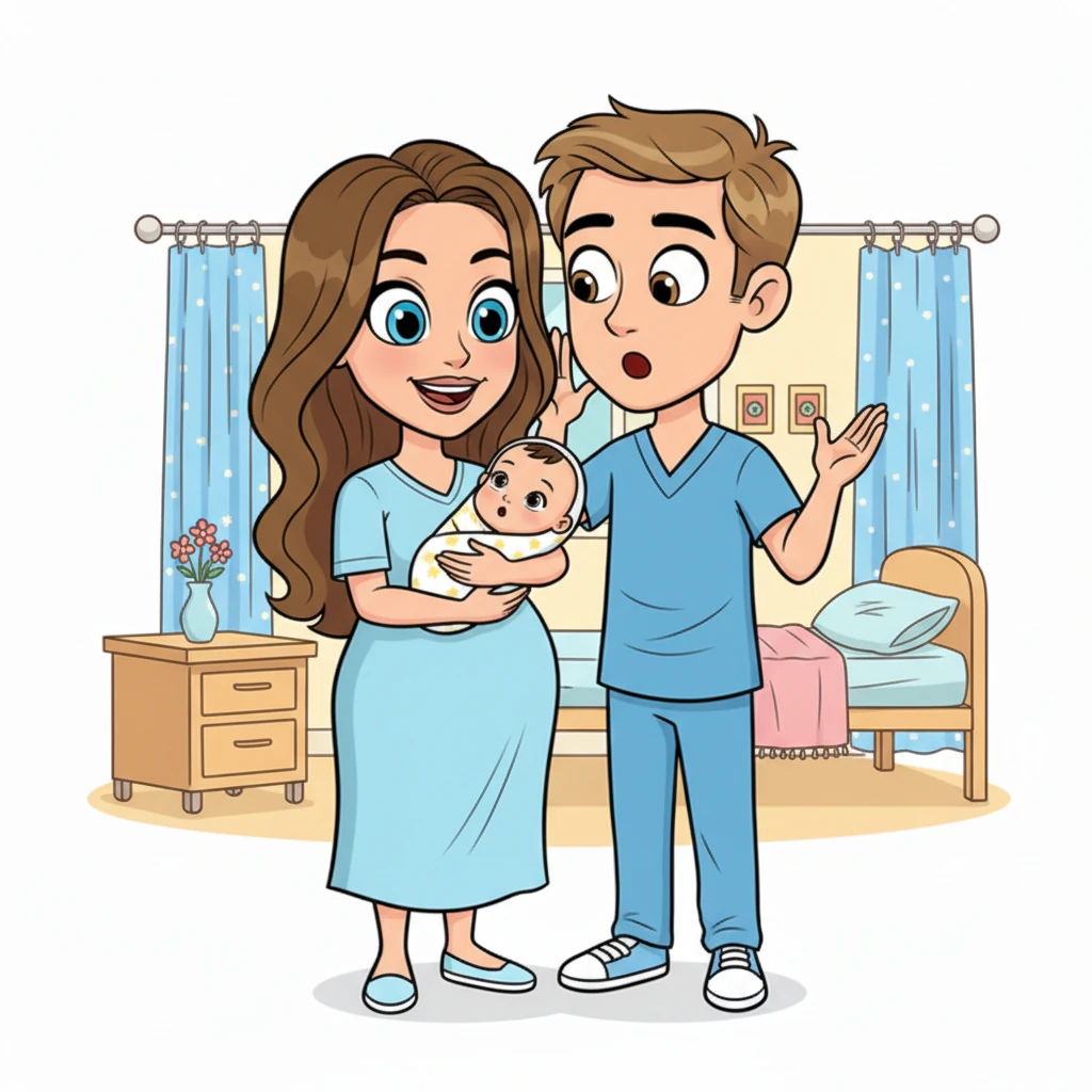 Sarah, beaming with pride and a triumphant glint in her bright blue eyes, cradles a tiny, adorable baby girl in her arms, whose simplified features are undeniably a miniature version of Ray. Ray stands beside them, his expression a mix of awe and a slightly exasperated smile, as Sarah leans in to playfully whisper a "told you so" in his ear. The hospital room is bright and cheerful, filled with soft pastel colors, emphasizing the new life and Sarah's ultimate victory.