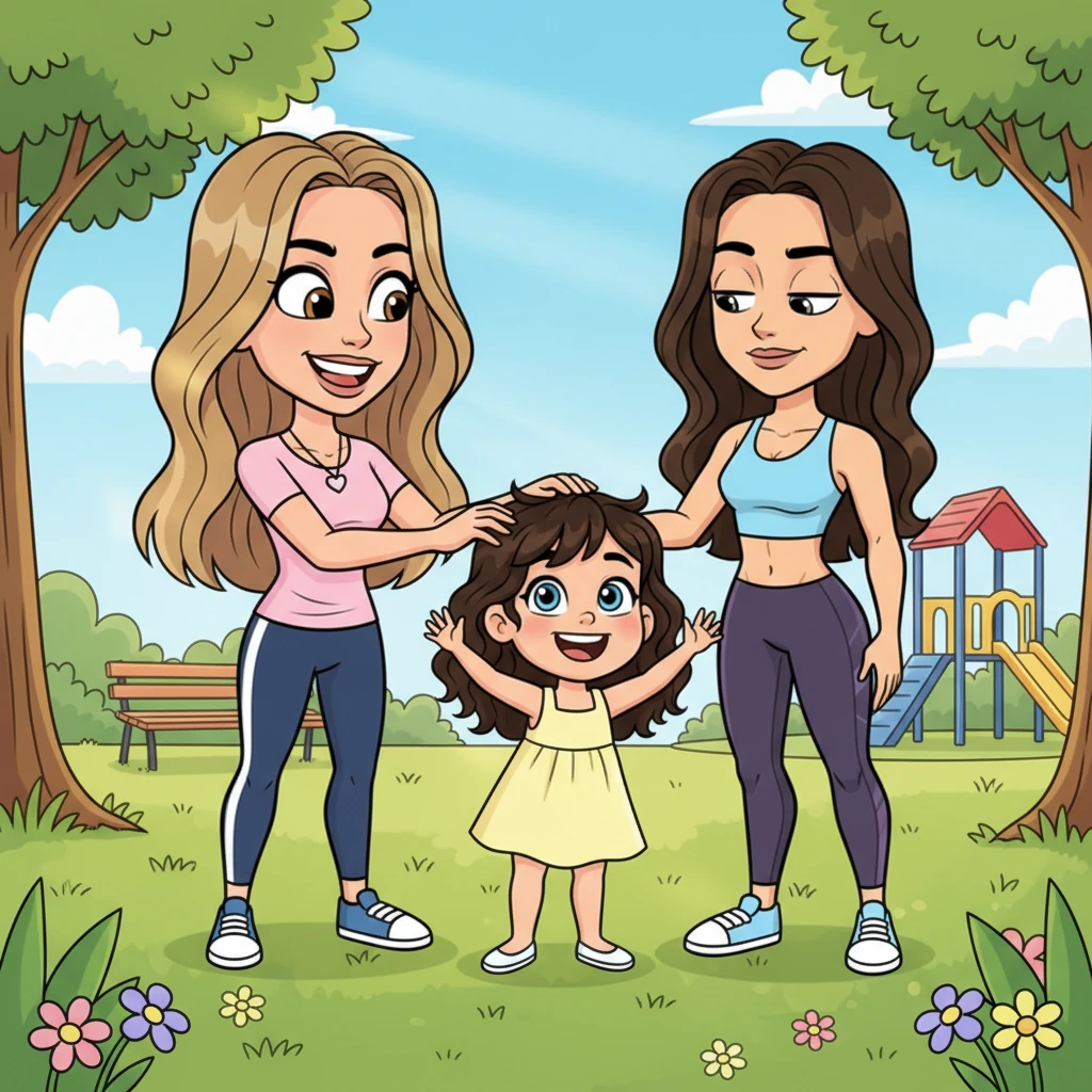 Years later, in a vibrant, sunlit park, a slightly older Sarah playfully ruffles Ray's hair, her mischievous grin as wide as ever, while their adorable daughter, who looks exactly like Ray, laughs between them. Sarah's expressive face radiates both affection and a playful sense of triumph as she continues to tease Ray about his past defeat and her ultimate "win." Ray, with a resigned but loving smile, simply rolls his eyes, their dynamic a testament to a unique love story forged from an unexpected challenge.