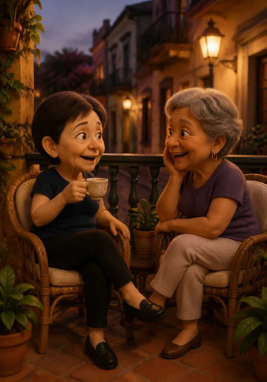 As dusk falls, Yarulla visits her best friend Ophelia Villas at her home in Palermo viejo on Santa Lucía Street. Sitting on the porch, Yarulla sips her drink and recounts all the chatter she gathered from the morning, laughing with Ophelia under the warm streetlamps.