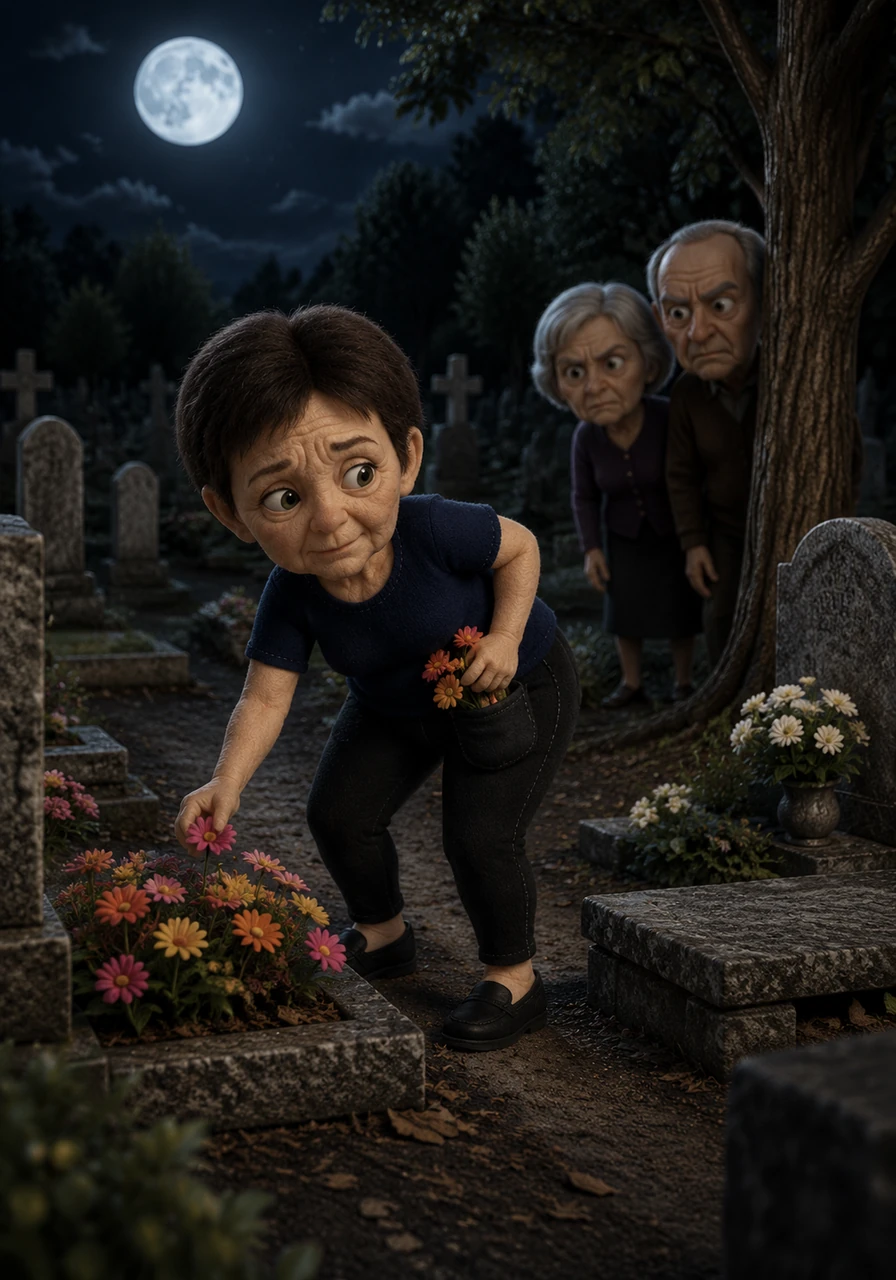 When night fully arrives, Yarulla sneaks into the quiet cemetery under a silver moon to water the parched graves. Caught by her kleptomaniac urges, she carefully plucks vibrant rock flowers from the well-kept plots, slipping them into her deep pockets with practiced stealth.