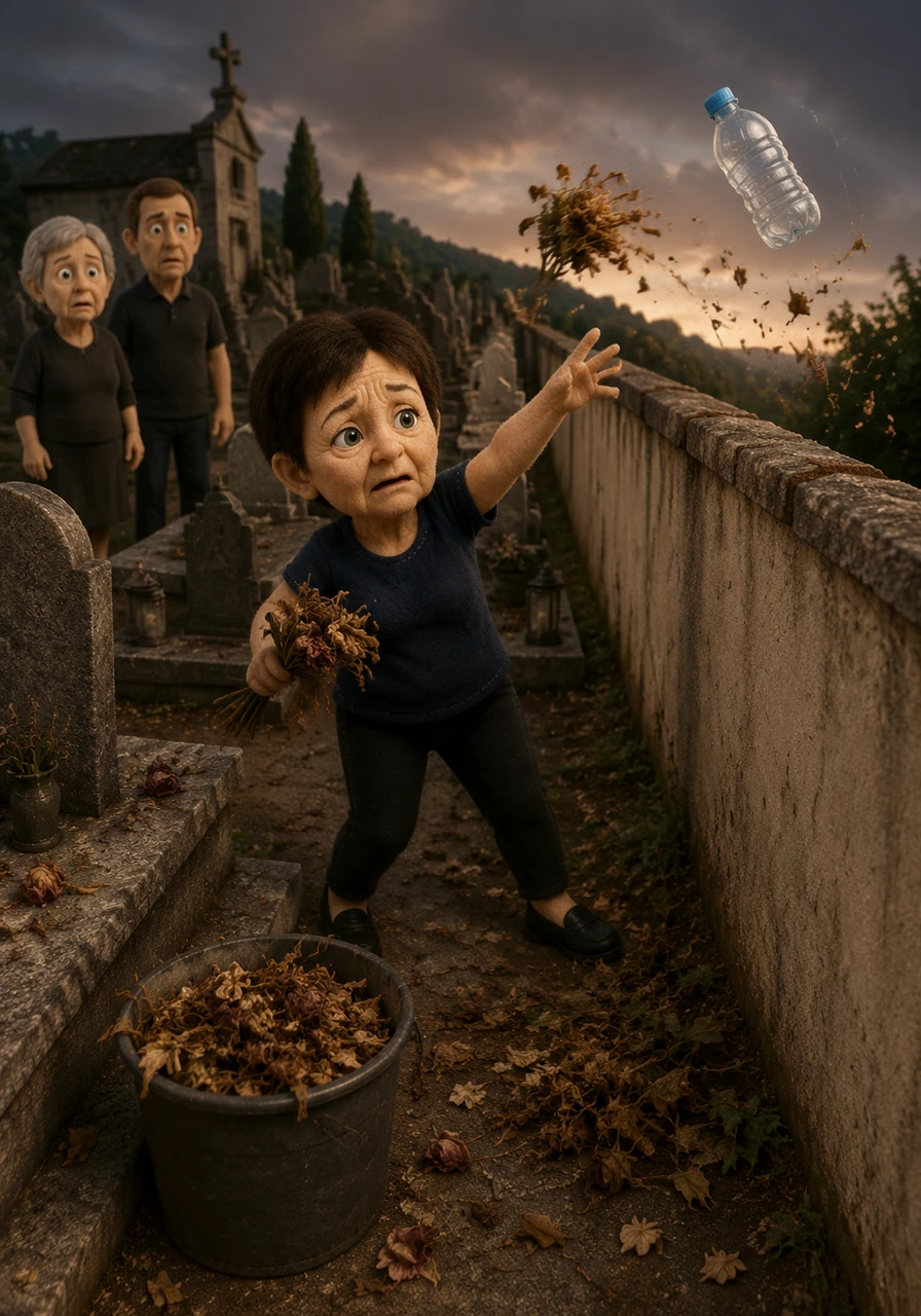 Yarulla works like a versatile whirlwind cleaner in the shadows, gathering rotten, withered flowers from the graves and tossing them over the back wall of the cemetery. Seeing a plastic water bottle left behind by the grave of the old Shimakos family, she picks it up and flings it over the wall too, keeping the sacred grounds tidy in her own eccentric way.