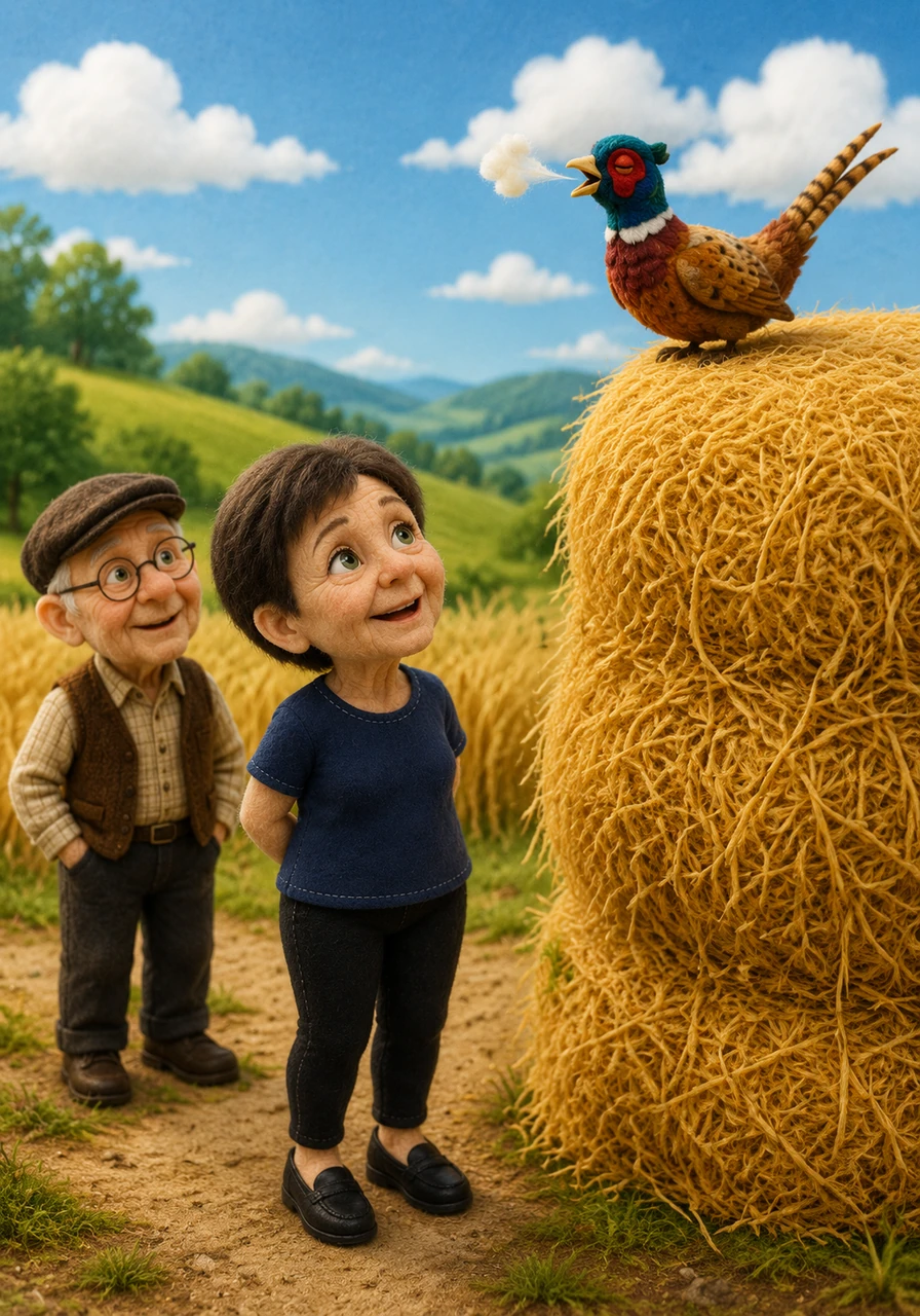 During one of her rural strolls, a pheasant squatting on a tall stack of golden straw catches Yarulla's eye. She stops to watch the bird as it lets out a loud, funny burp, bringing a bright smile to her face amid the quiet nature.