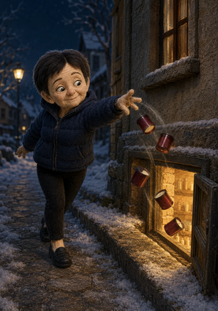 On a freezing winter evening, Yarulla walks the old path with four heavy plastic candle cups stuffed into her jacket pockets, forgotten items from her cemetery clean-ups. She approaches a lit cellar window and, acting on a sudden mischievous impulse, tosses the plastic candle cups straight through the open frame.