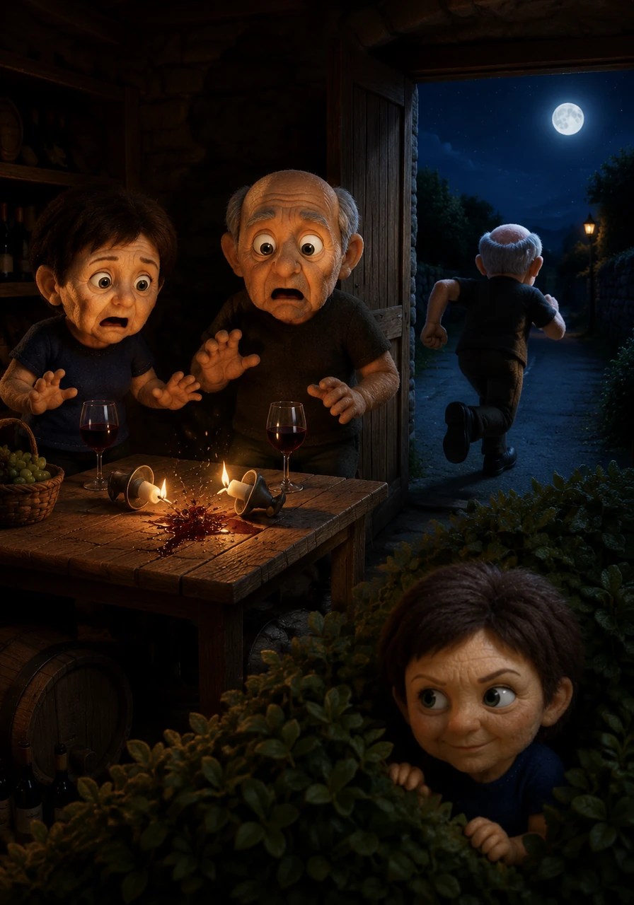 Inside the cellar, an elderly couple named Anča and Sváta freeze in shock as the candle cups crash onto their table right next to their glasses of red wine. By the time Sváta runs out onto the dark, empty road to catch the culprit, Yarulla is already safely hidden in the thick bushes opposite the cellar, holding her breath with a quiet smirk.