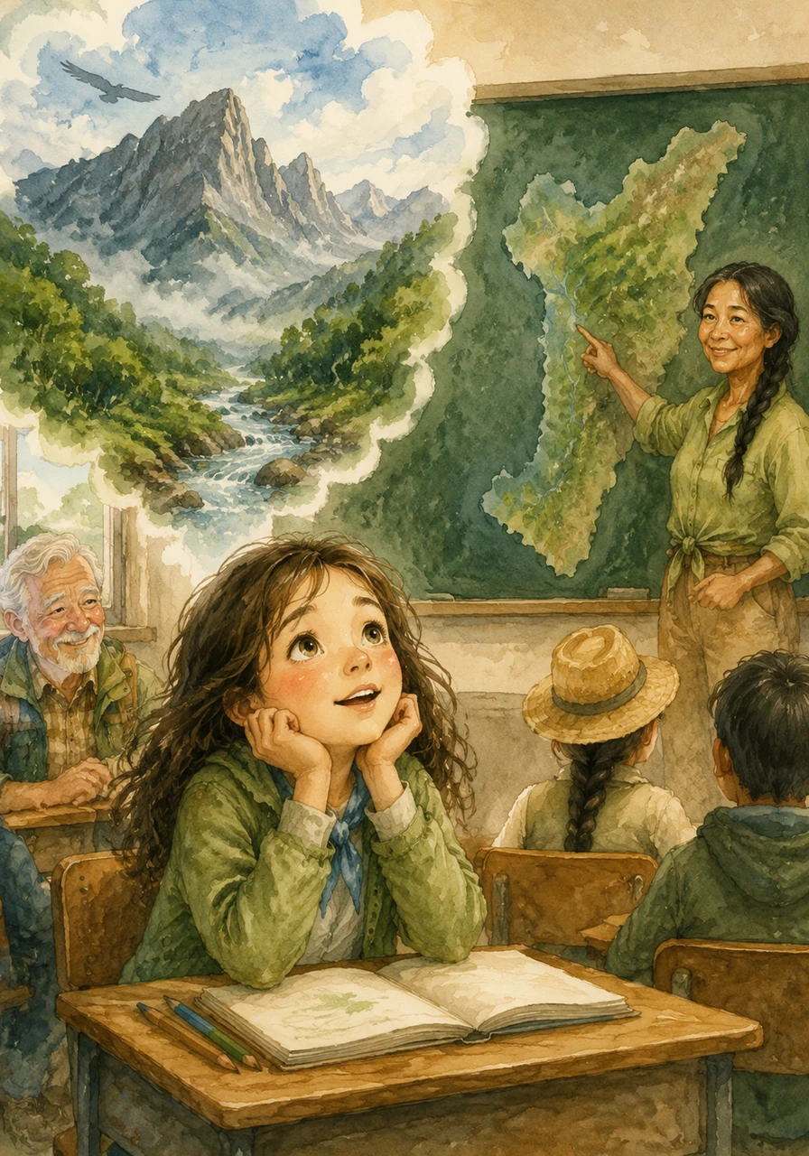 Luna sits at her school desk, her eyes wide with wonder as her teacher points to a map of the Chocó Andino on the chalkboard. She imagines a world filled with towering mountains and emerald green forests waiting to be explored.