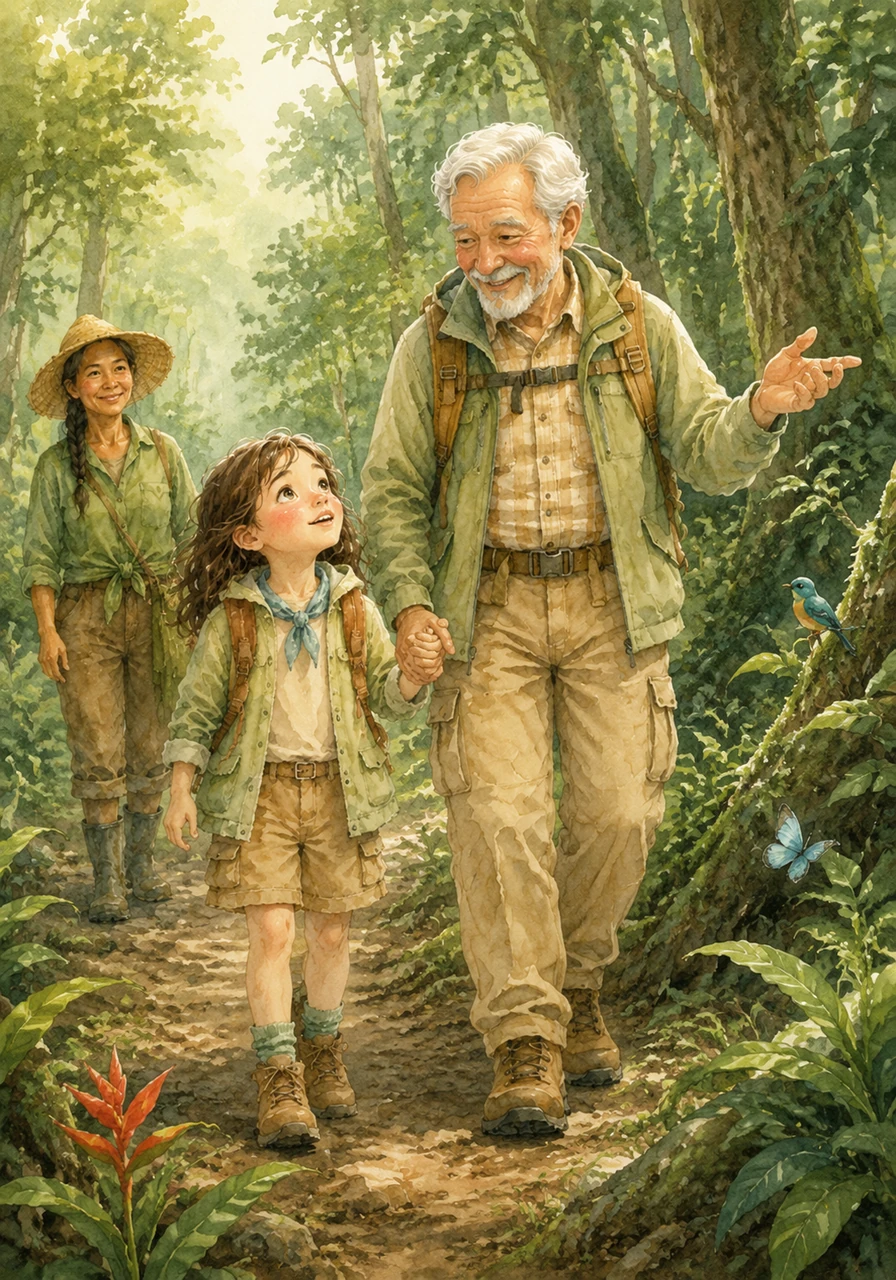 Hand in hand with her grandfather, Luna steps into the edge of the dense forest where the air feels cool and fresh. Grandpa smiles warmly at her, explaining that they are entering one of the most biodiverse and special places on the entire planet.