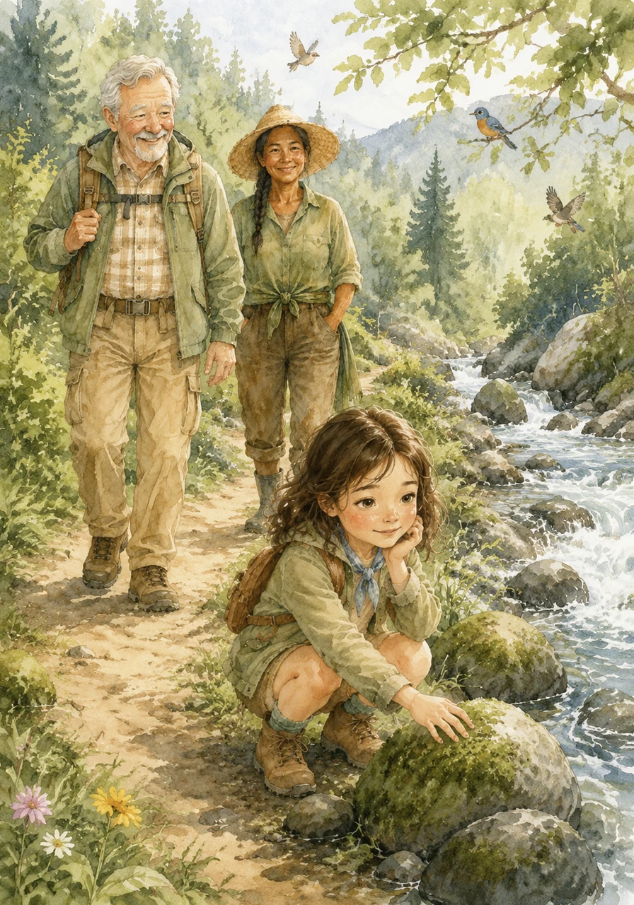 They walk along a winding dirt path, surrounded by a symphony of chirping birds and the gentle roar of a crystal-clear river nearby. Luna pauses to touch the mossy stones and listen to the rhythmic music of the flowing water.