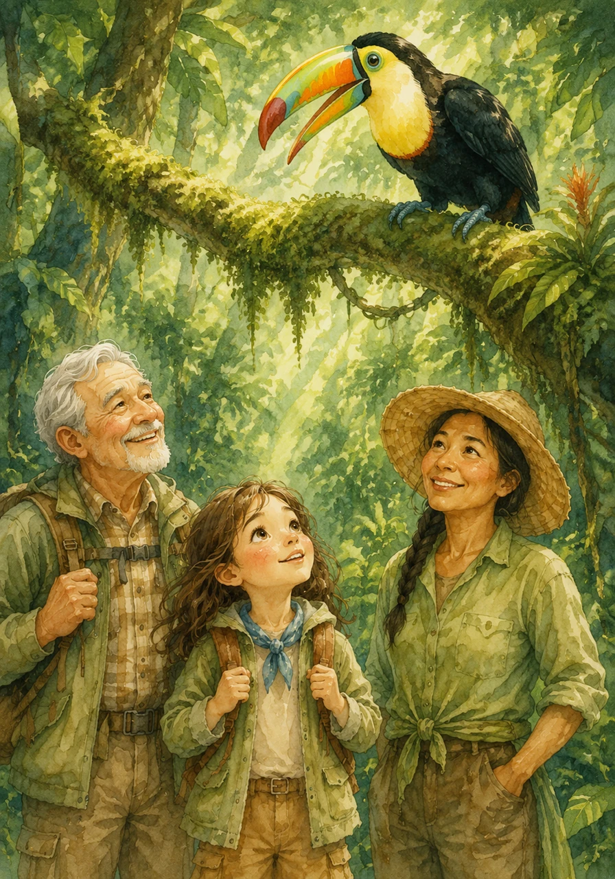 High on a moss-covered branch, a magnificent toucan with a bright, multi-colored beak looks down at them with friendly eyes. The bird seems to welcome them to its lush home, its feathers glowing against the deep green leaves of the canopy.