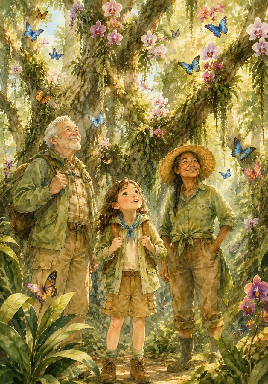 Luna gazes up in awe at giant trees that stretch toward the clouds, their thick branches draped in delicate, exotic orchids. Vibrant butterflies dance around her in the dappled sunlight, their wings shimmering like tiny floating jewels.