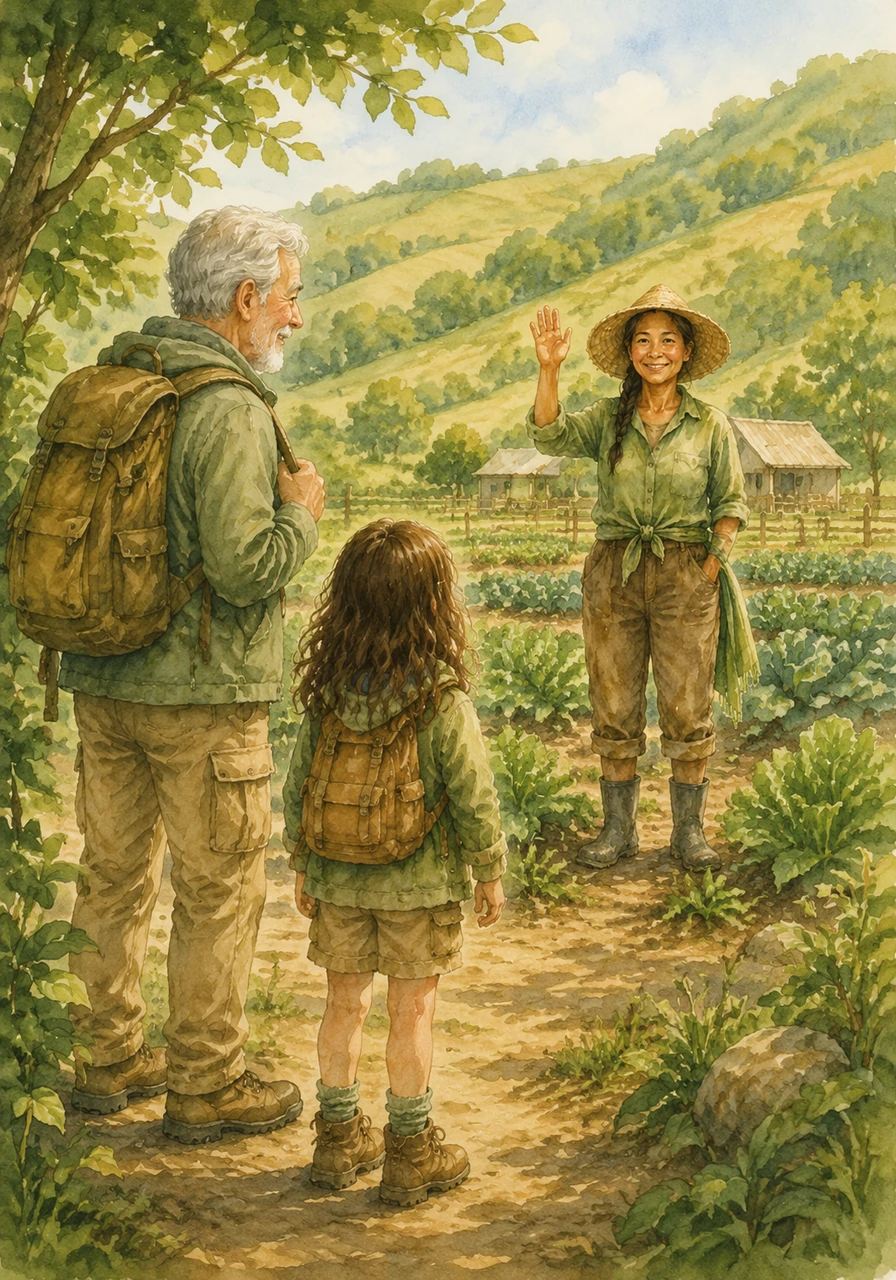 The forest opens up to reveal a small, sun-drenched farm nestled peacefully against the rolling green hillside. A friendly farmer wearing a wide-brimmed hat waves to them, standing among rows of healthy green plants.