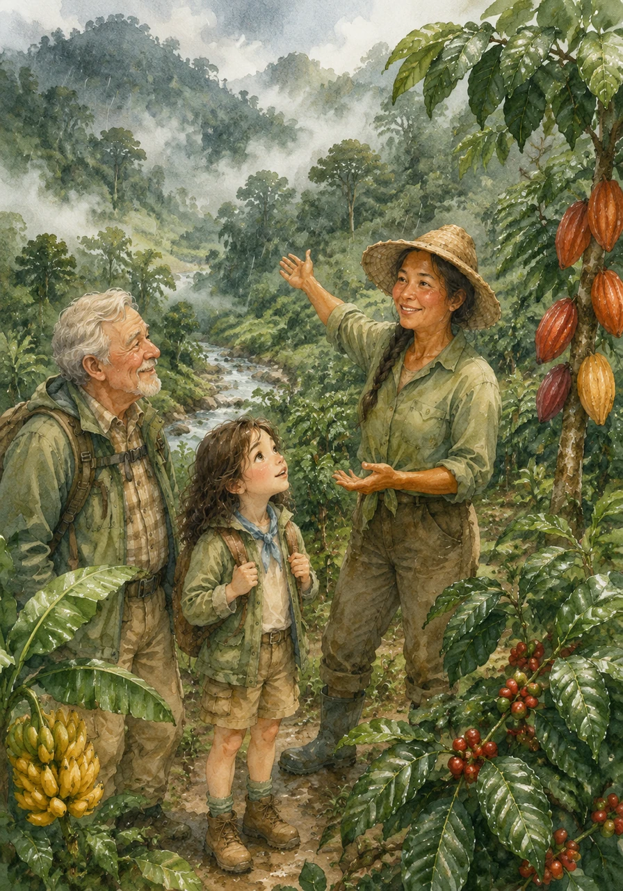 The farmer shows Luna how the misty, rainy climate helps the cacao, coffee, and bright yellow bananas grow strong. She explains that the health of the farm depends entirely on the health of the surrounding forest and its clean water.
