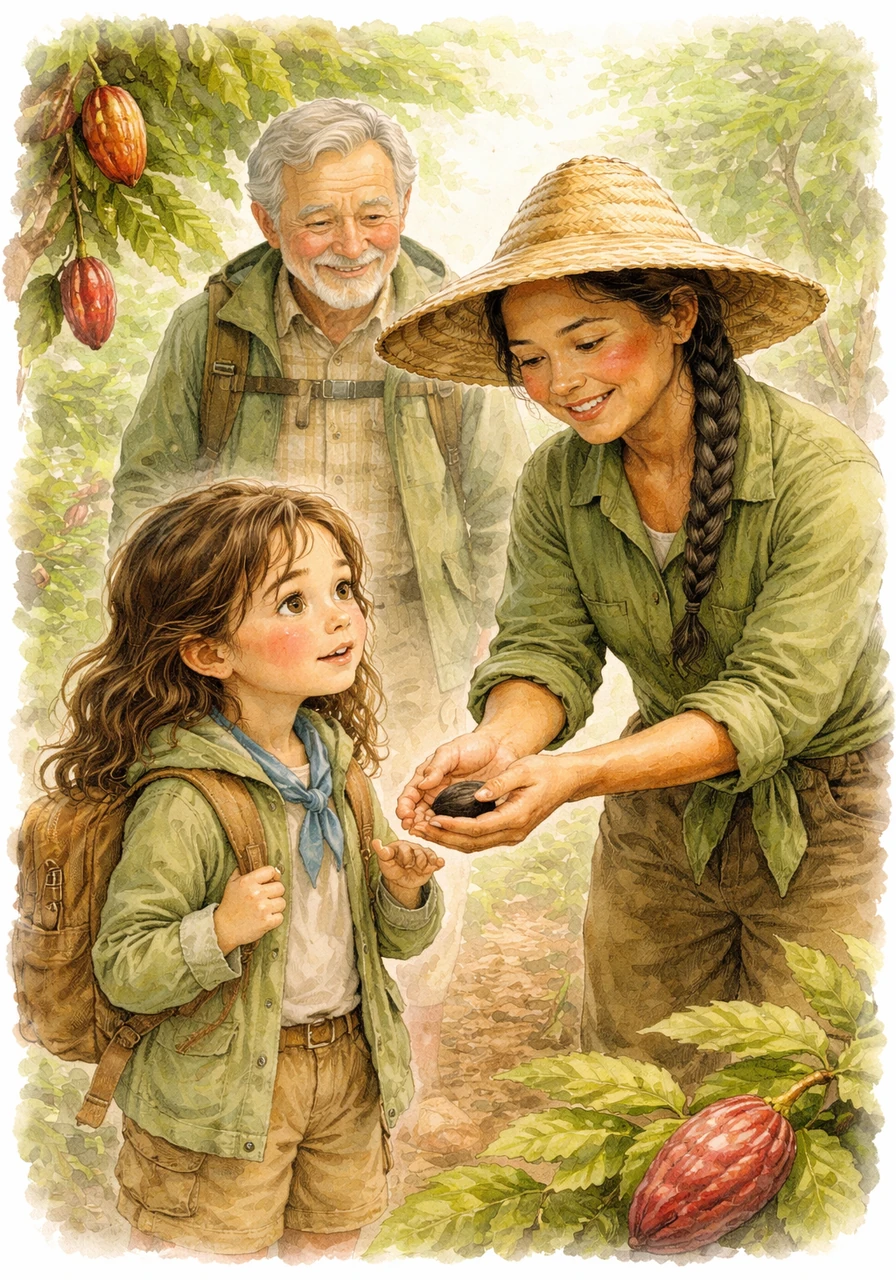 With a gentle smile, the farmer places a smooth, dark cacao seed into Luna’s small hand as a special gift. She tells Luna that by protecting the trees, they are also protecting the animals and the very air that everyone breathes.