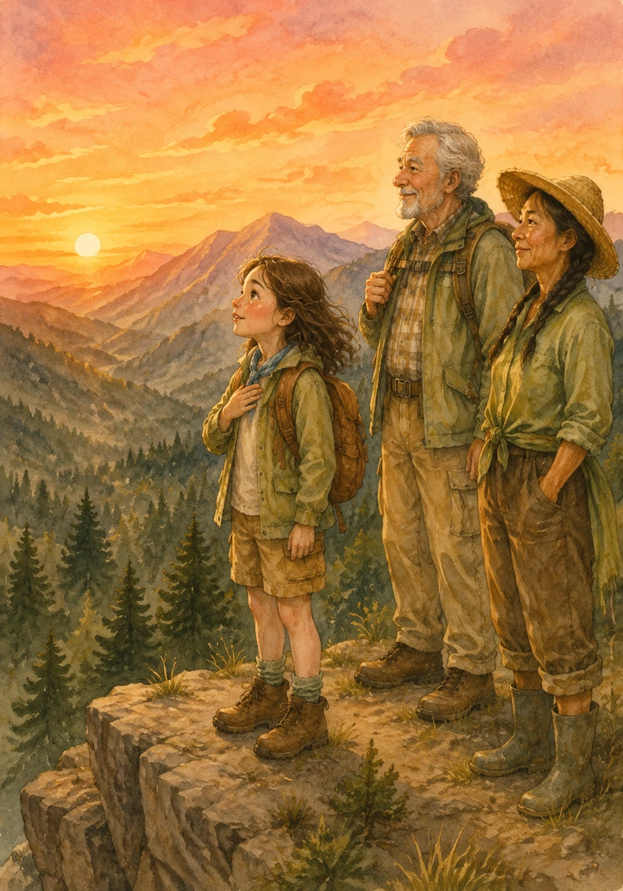 As the sun begins to set, painting the mountain sky in shades of orange and soft pink, Luna looks out over the vast forest. She makes a solemn promise to the mountains and the trees that she will do her part to be a guardian of nature.