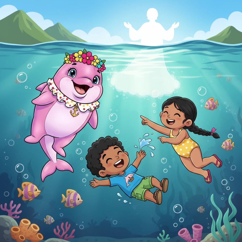 Rosita, una alegre delfín rosada, nadaba feliz en las aguas de Esmeraldas con sus amigos Josué, Sebastián y Valentina. Su sabia mamá siempre le contaba historias sobre Dios, un ser grande y amoroso que los cuidaba a todos.