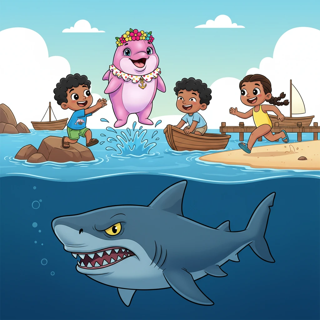 Los cuatro amigos jugaban alegremente en la bahía, riendo y persiguiéndose entre las rocas y los botes. Sin que ellos lo supieran, un enorme y hambriento tiburón, el más peligroso del mundo, los observaba desde las profundidades.