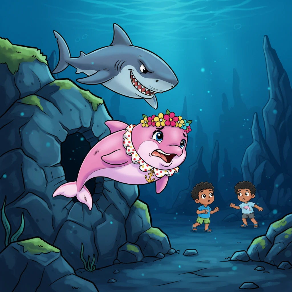 El astuto tiburón engañó a los amigos de Rosita para que se fueran, dejándola sola. Luego, atacó a Rosita, arañándole la cola, pero ella logró escabullirse por un pequeño agujero y nadar hacia un lugar solitario y desolado.