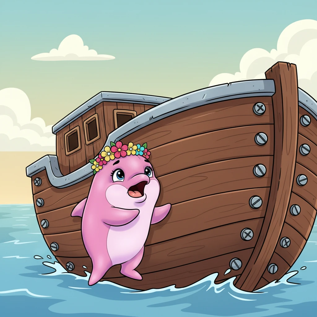 Herida, cansada y con mucha hambre, Rosita buscó ayuda, pero no encontró a ningún animal. Desesperada, chocó con una gigantesca barca de madera, de color café y llena de tornillos, que nunca había visto antes.