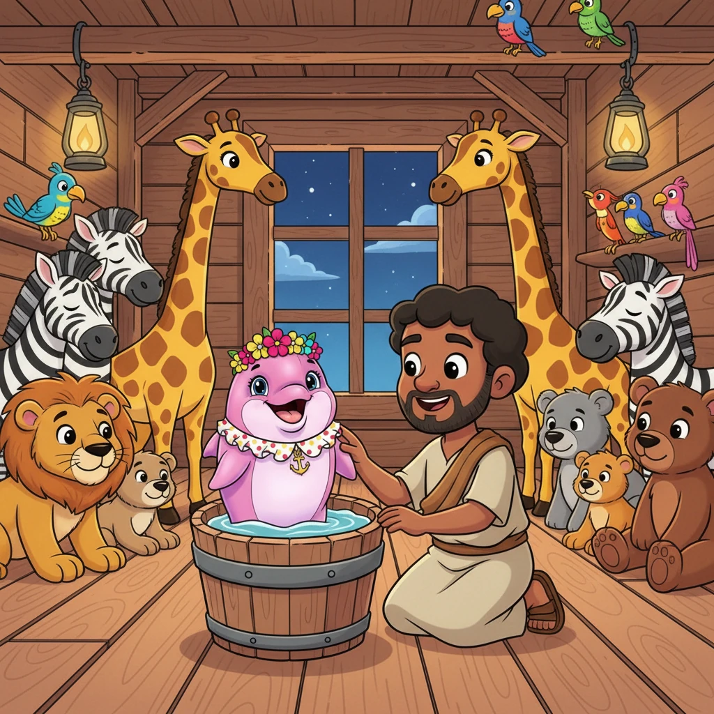 Noé, el constructor del arca, encontró a Rosita y la subió a bordo en un balde con agua. Dentro, Rosita vio una multitud de animales, sintiendo miedo, pero Noé la tranquilizó, diciéndole que estaban a salvo y que allí todos eran amigos bajo la protección de Dios.