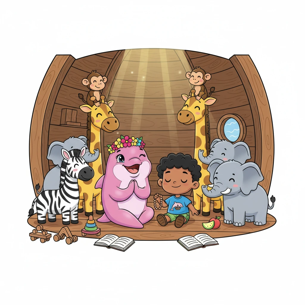 Durante cuarenta días y cuarenta noches, Rosita y los animales vivieron en el arca, jugando, comiendo, contando historias y cantando. Lo más importante, todos rezaban juntos, sintiendo la presencia y el cuidado de Dios.