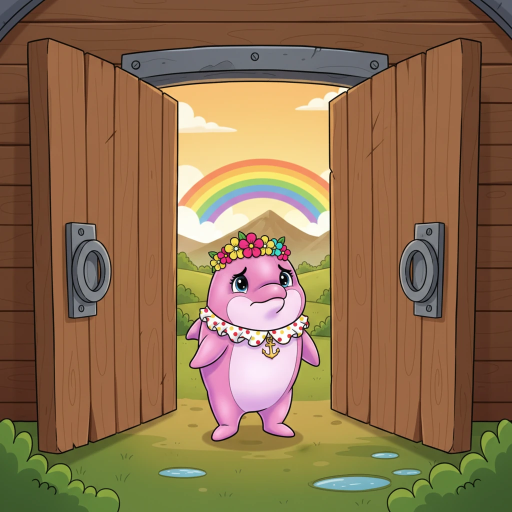 Cuando el tiempo terminó, las puertas del arca se abrieron, revelando un mundo cambiado. Rosita miró a su alrededor, dándose cuenta con tristeza de que sus amigos y el temido tiburón habían desaparecido. Se sintió inquieta, sin saber dónde estaba su mamá.