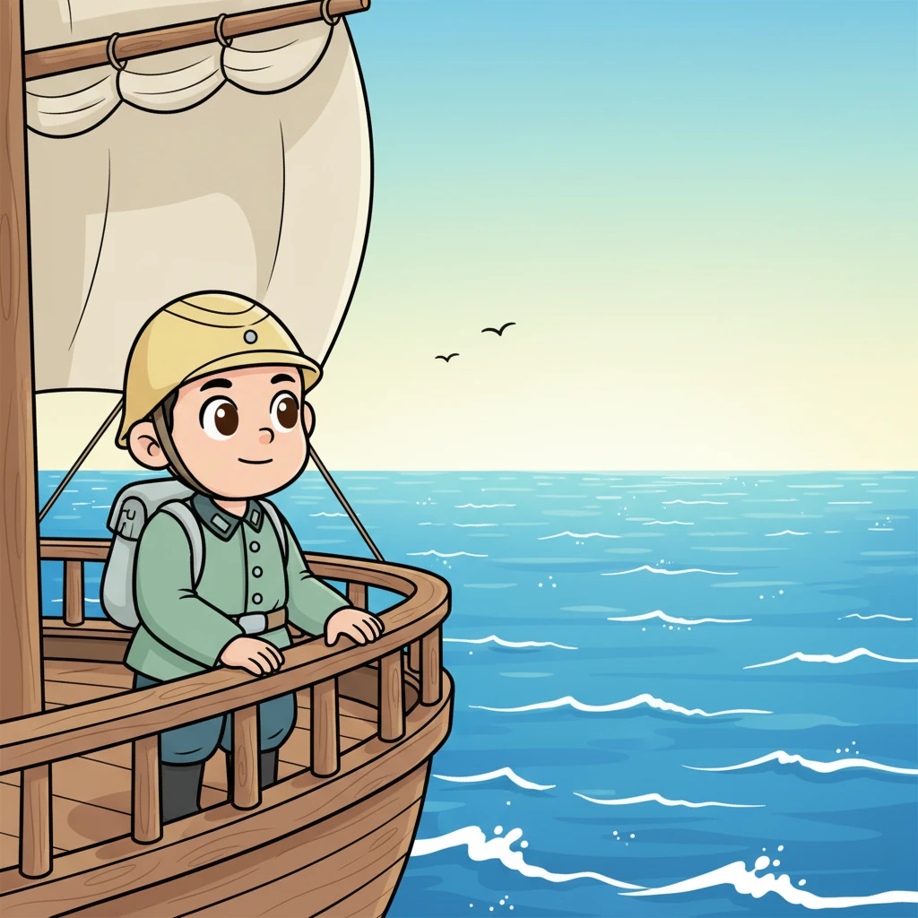 After a time in a safe camp, Kyoungjong embarked on a grand sea voyage across the sparkling ocean to a brand-new land: America. He gazed at the endless blue, a quiet smile on his face, dreaming of a life free from conflict. The horizon promised a fresh start.