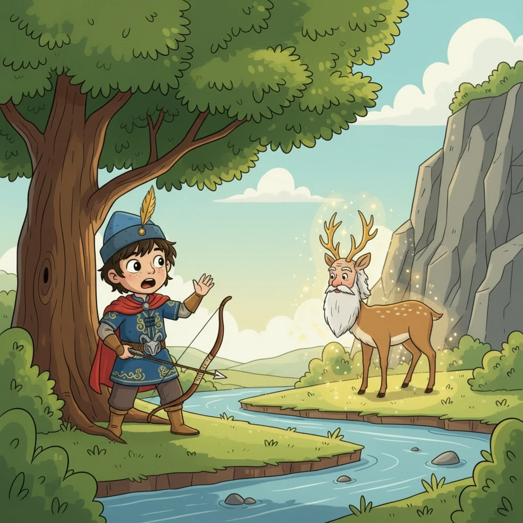 Бұлды мерген мылтығын кезегенде, алтын мүйізді киікке тіл бітіп, оны тоқтатады. Аңшы киіктің жанына барғанда, ол бір сәтте алтын мүйізді, ақ сақалды қартқа айналады. Қарт Бұлды мергеннен жеті басты айдаһардан құтқаруын сұрап, оның елін басып жатқан зұлымдықты баяндайды.