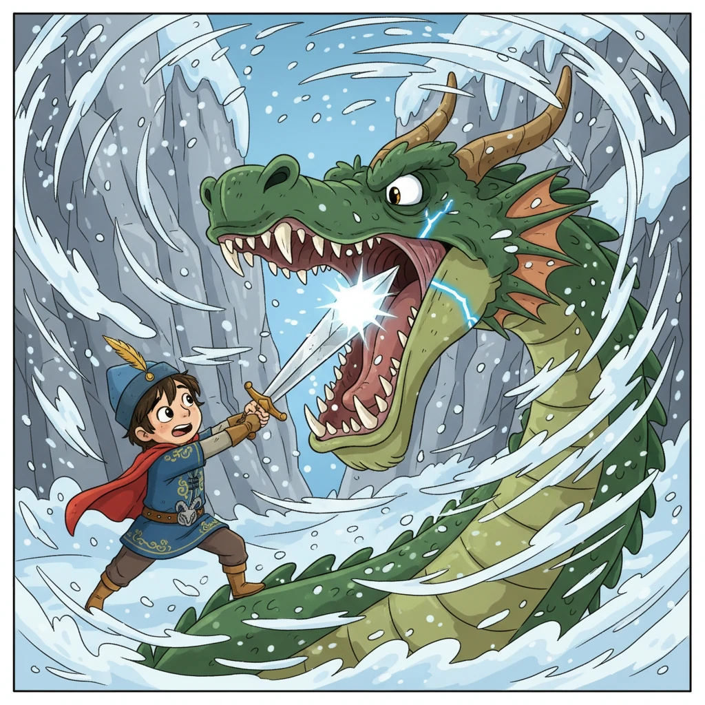 Терең сайға жеткенде, Бұлды мергенді сұрапыл боран қарсы алады. Бұл айдаһардың демі екен. Боранның күшімен айдаһардың аузына тура ұшып барады. Батыр өткір семсерімен жауыздың екі езуін тіліп, оны бірден өлтіреді.