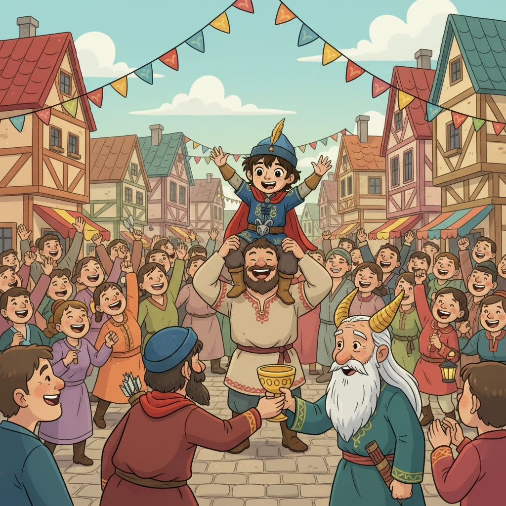 Айдаһардан құтқарылған халық Бұлды мергенді қуанышпен қарсы алады. Қалада үлкен той басталып, жұрт батырға алғыс айтады. Алтын мүйізді қарт Бұлды мергенге осы жерде қалып, ханның бірінші уәзірі болуды, байлыққа кенелуді ұсынады.