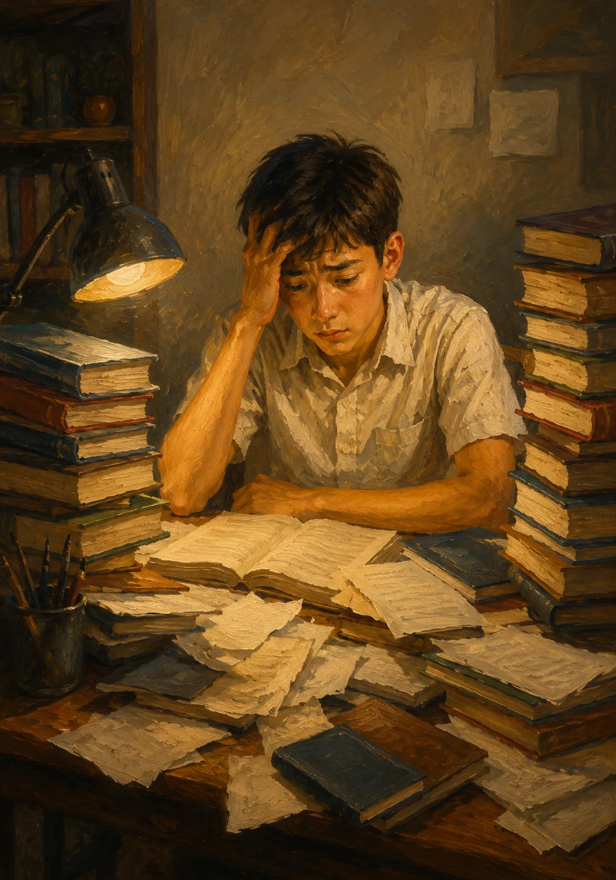 Andy sits at his study desk under the warm glow of a desk lamp, looking overwhelmed by a mountain of ninth-grade textbooks and scattered notes.