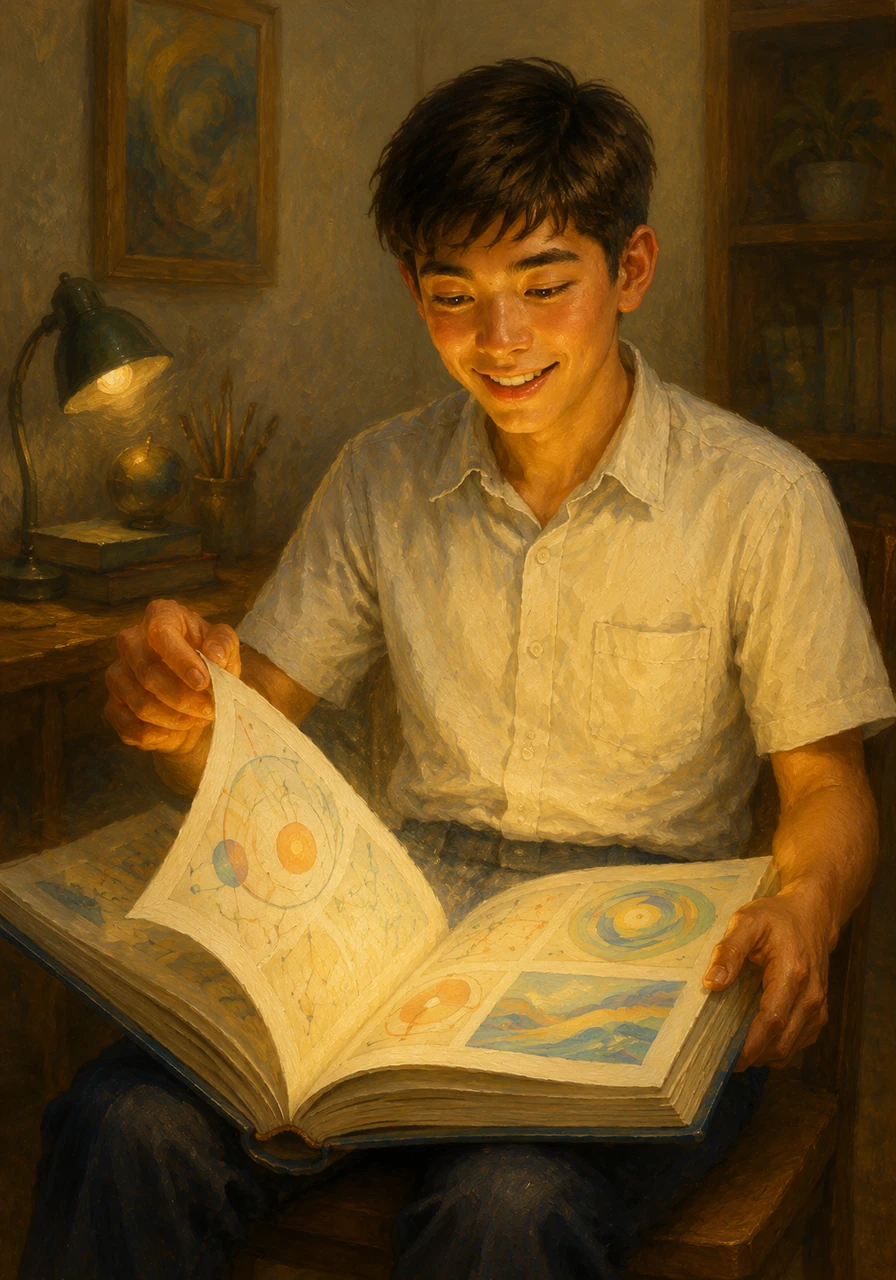 He opens a special new guidebook, turning to Chapter One, which is filled with colorful diagrams and clear, comforting explanations of complex formulas.