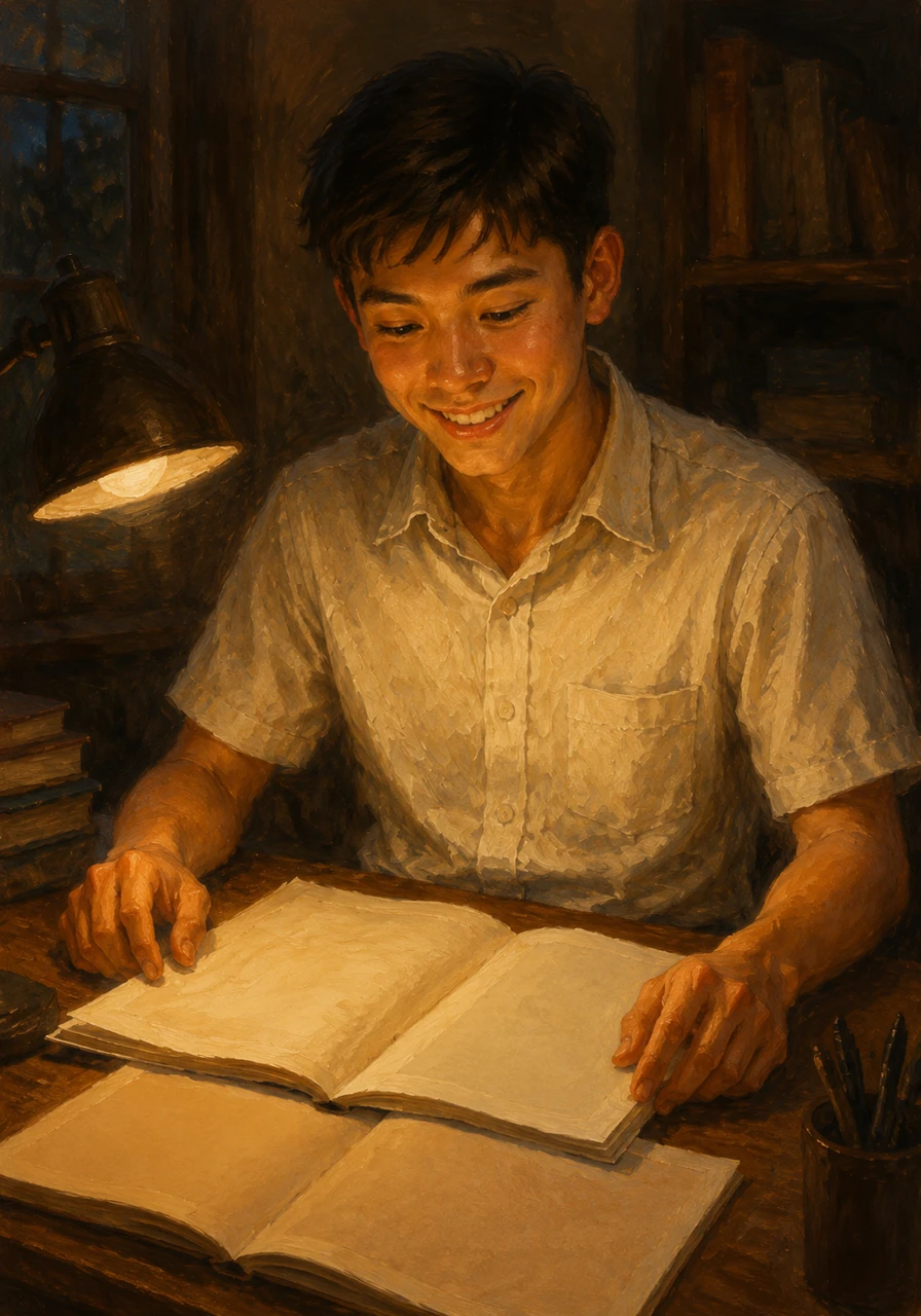 As Andy reads through the summaries, the difficult concepts begin to make sense, and a smile of relief replaces his anxious frown.