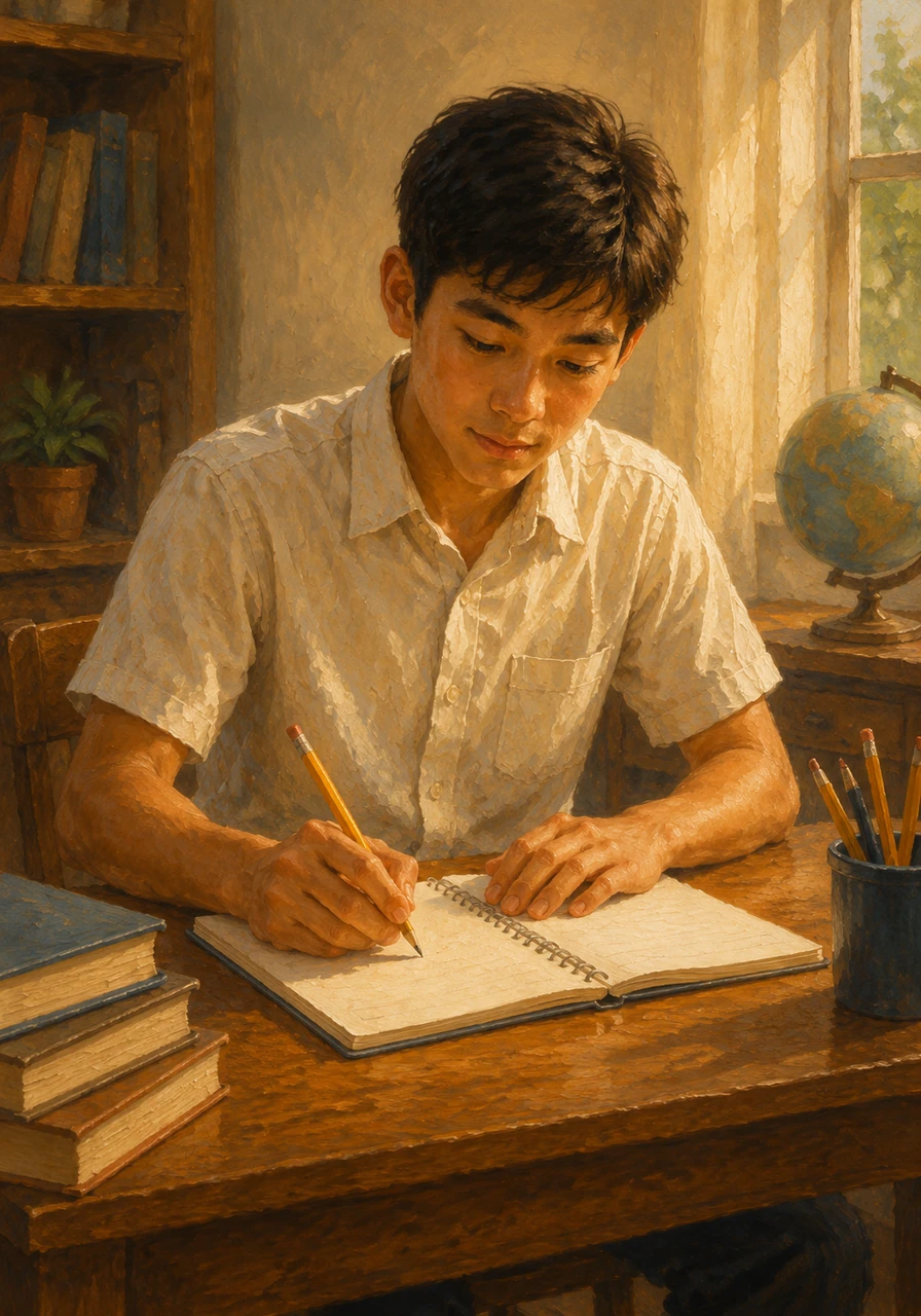He grips his pencil firmly and begins solving the exercises one by one, filling his notebook with neat equations and confident calculations.