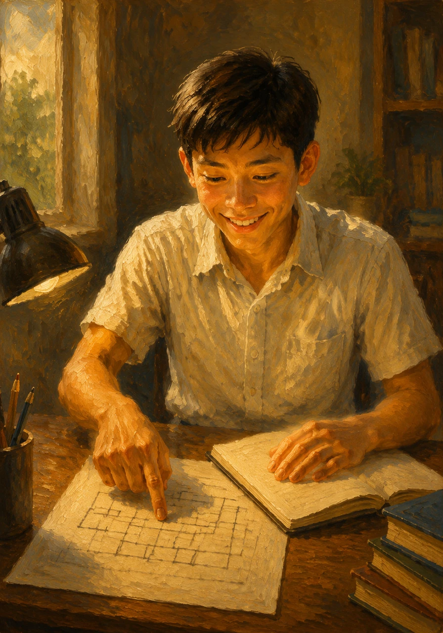 Whenever he gets stuck, Andy reviews his notes from the earlier chapters, successfully unlocking the answers through his own persistence.