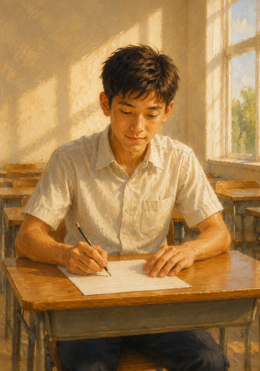 The next day, Andy sits in his bright classroom, confidently tackling his school exam with a calm and focused expression.