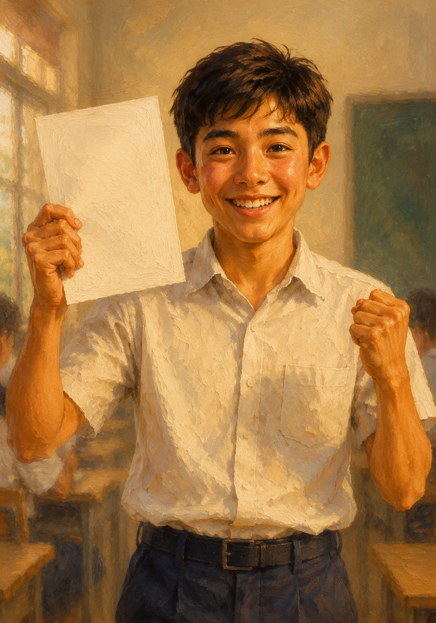 Andy happily holds up his graded test paper showing a perfect score, celebrating his hard work and the perfect study method that guided him to success.