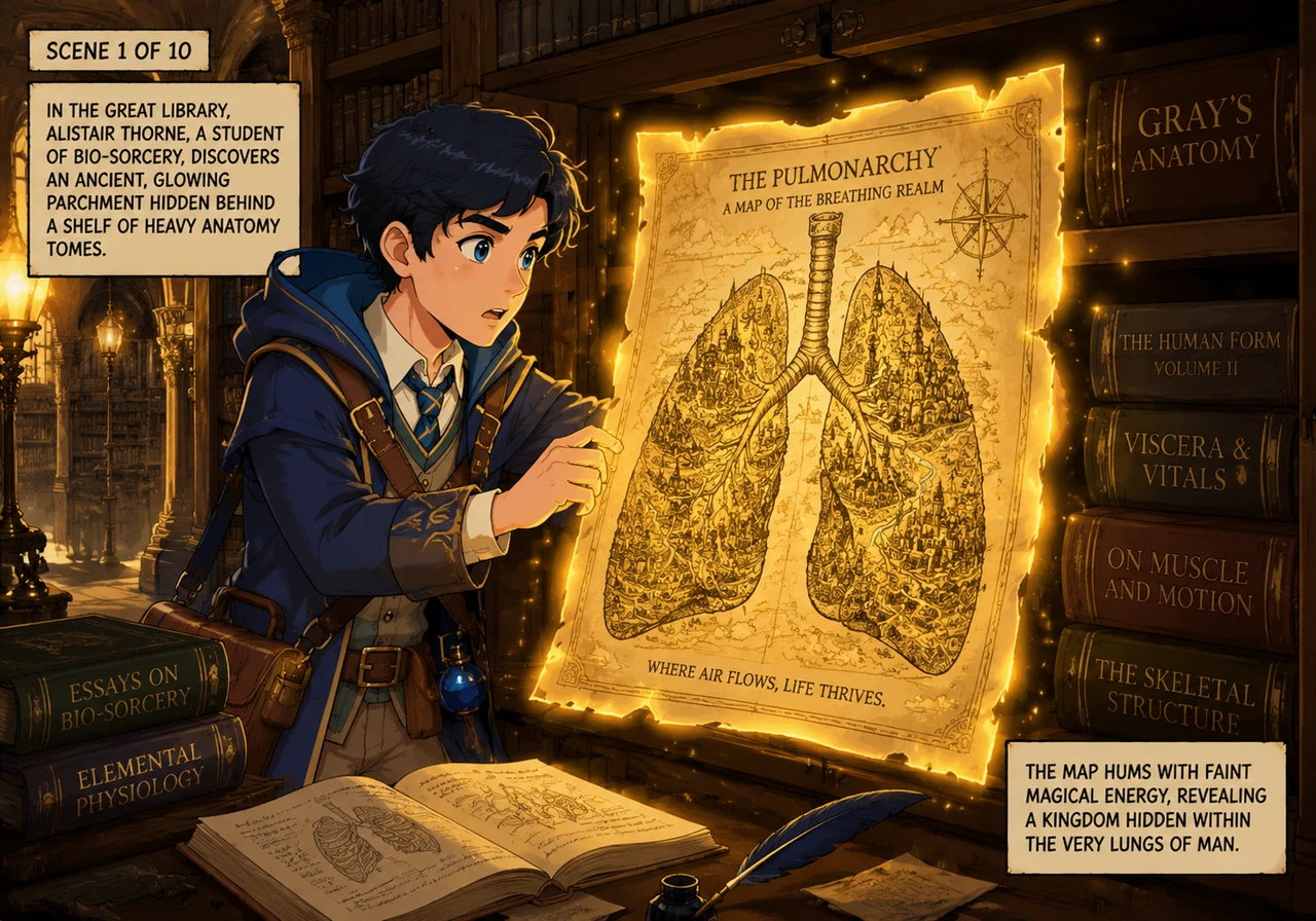 Alistair Thorne, a student of Bio-Sorcery, discovers an ancient, glowing parchment hidden behind a shelf of heavy anatomy tomes in the Great Library.