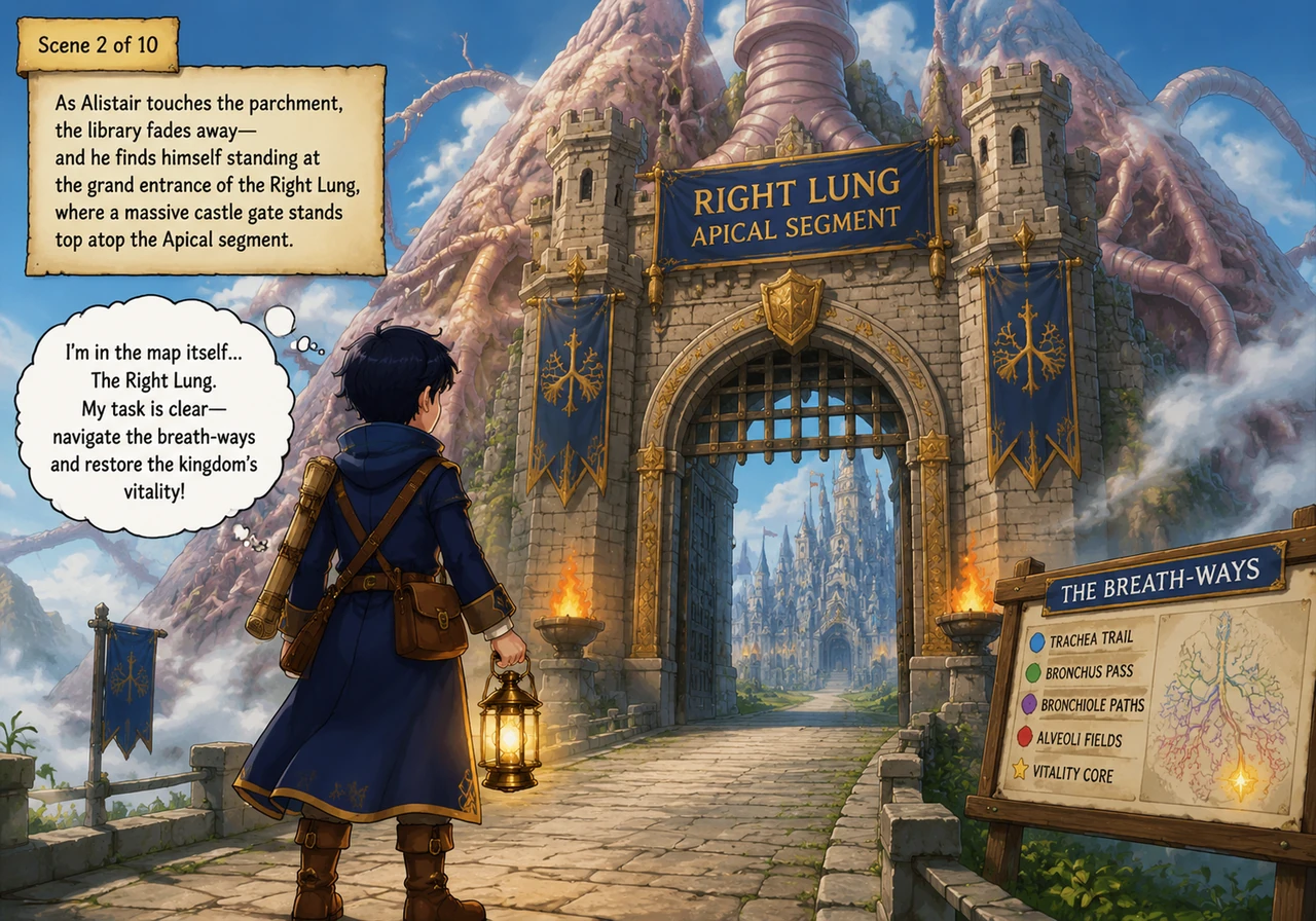As Alistair touches the parchment, the library fades away and he finds himself standing at the grand entrance of the Right Lung, where a massive castl
