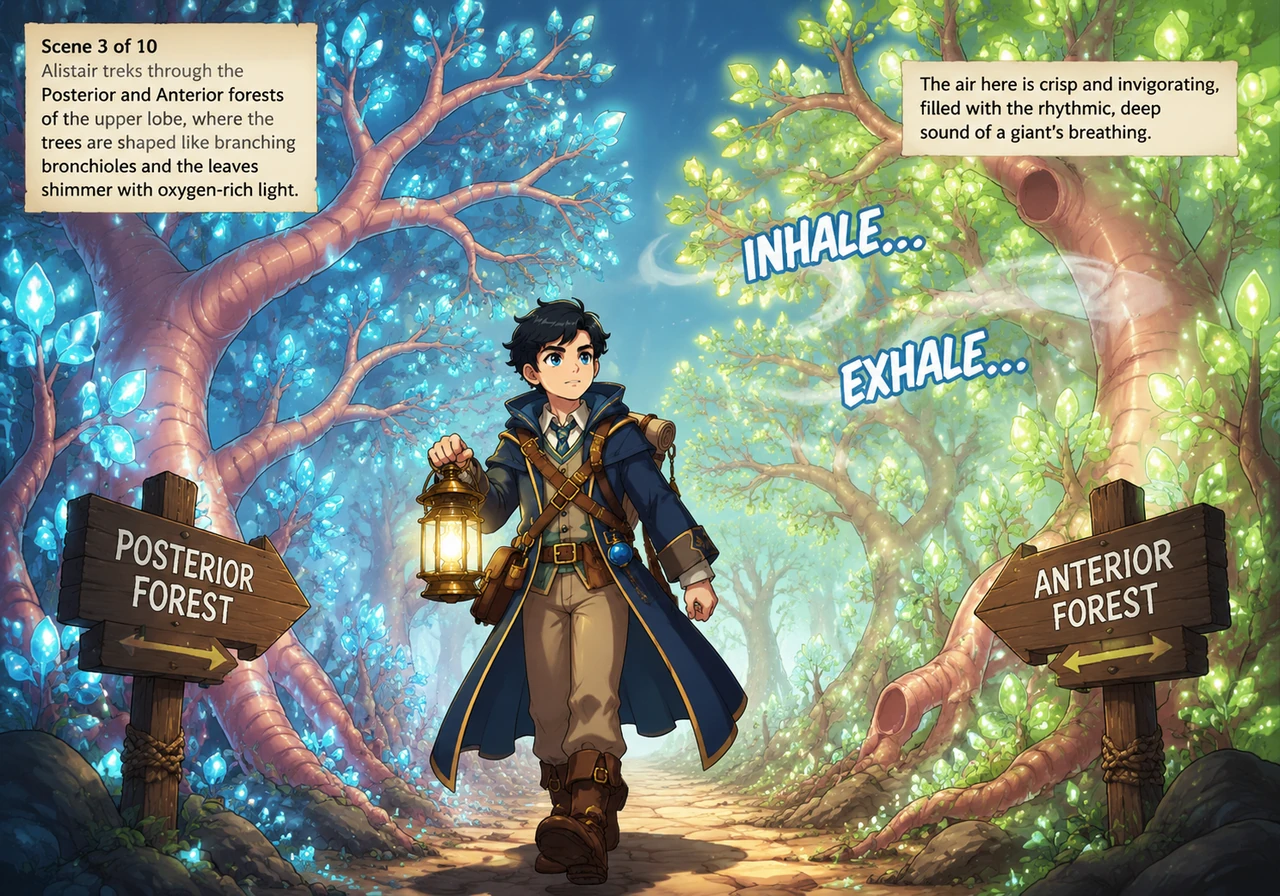 He treks through the Posterior and Anterior forests of the upper lobe, where the trees are shaped like branching bronchioles and the leaves shimmer wi