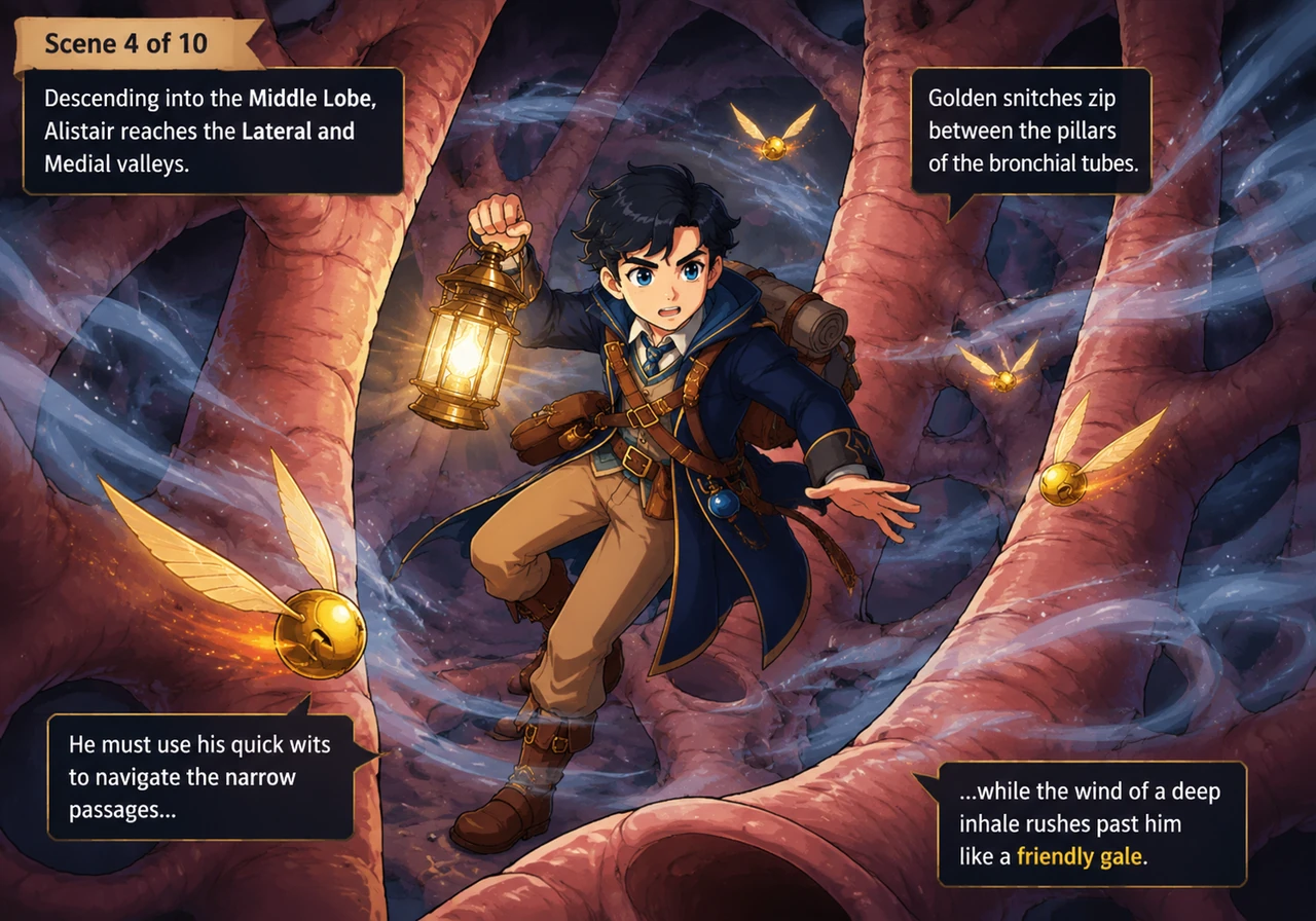 Descending into the Middle Lobe, Alistair reaches the Lateral and Medial valleys, where golden snitches zip between the pillars of the bronchial tubes