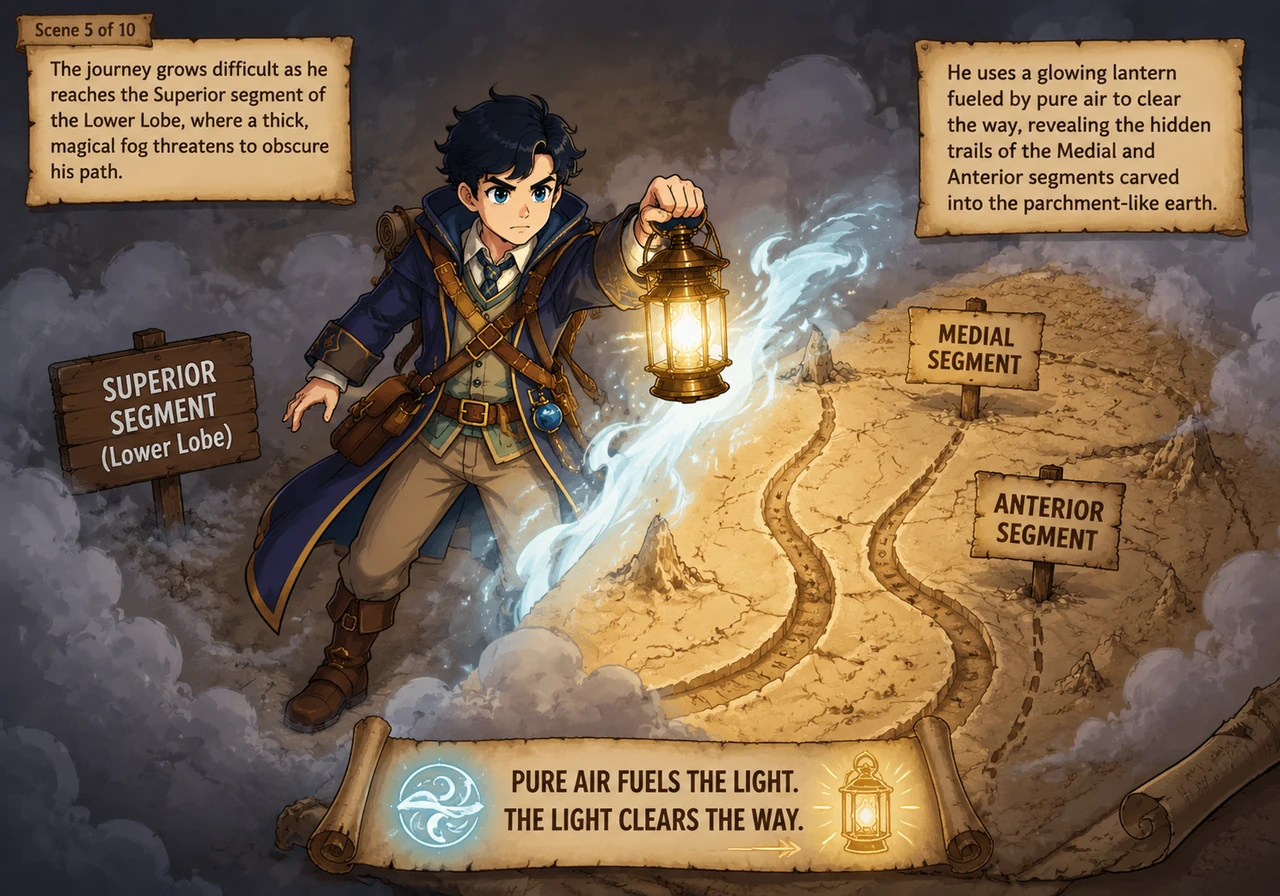 The journey grows difficult as he reaches the Superior segment of the Lower Lobe, where a thick, magical fog threatens to obscure his path. He uses a