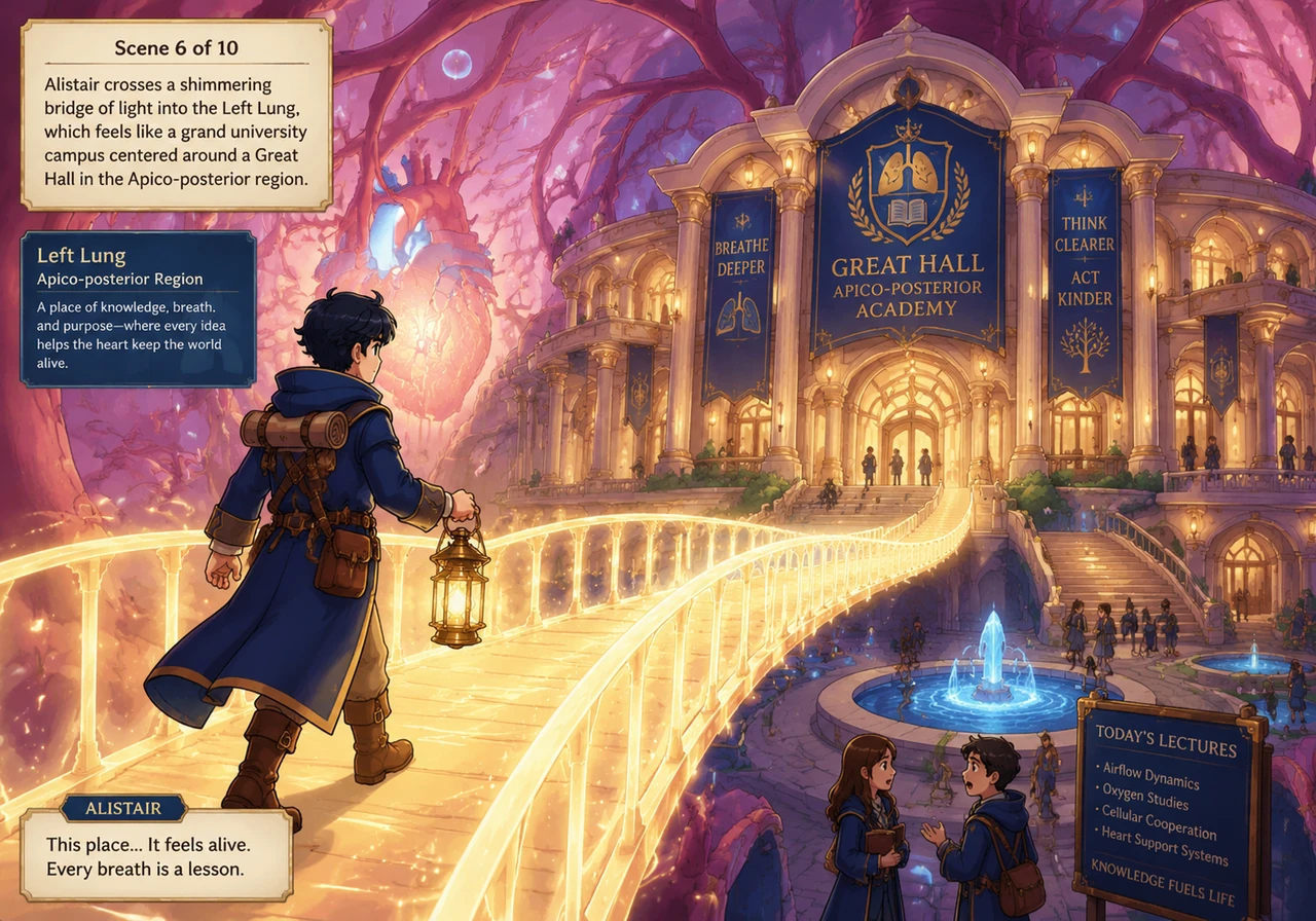 Alistair crosses a shimmering bridge of light into the Left Lung, which feels like a grand university campus centered around a Great Hall in the Apico
