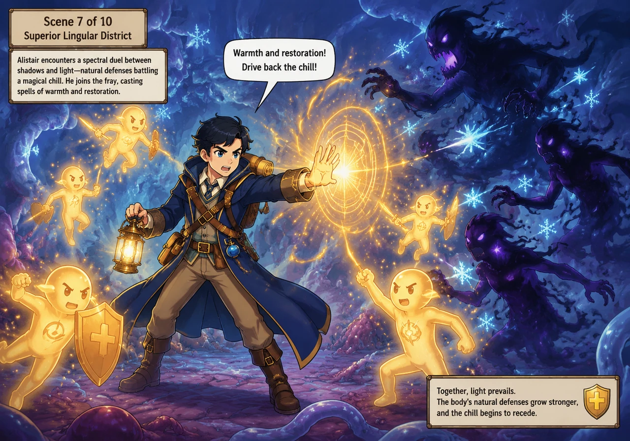 In the Superior Lingular district, he encounters a spectral duel between shadows and light, representing the body's natural defenses fighting off a ma