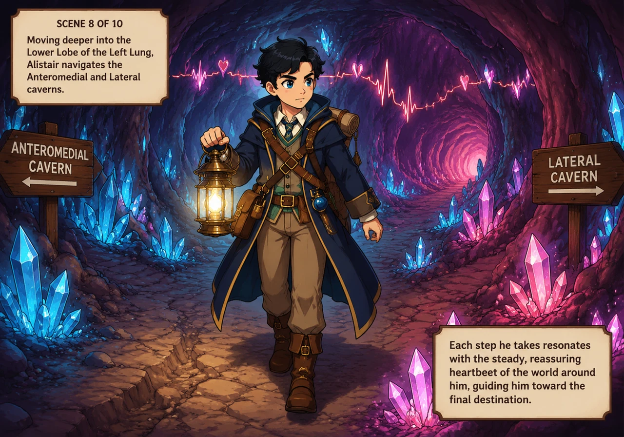 Moving deeper into the Lower Lobe of the Left Lung, he navigates the Anteromedial and Lateral caverns where the walls are lined with glowing crystals.