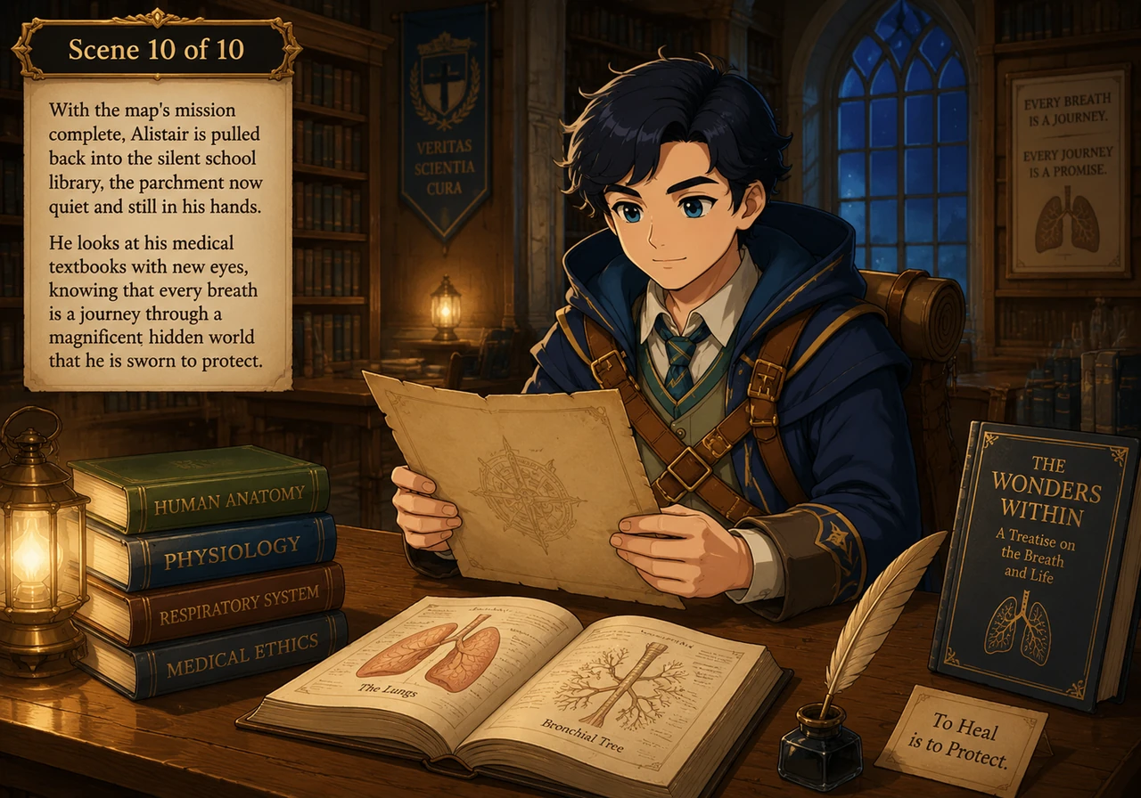 With the map's mission complete, Alistair is pulled back into the silent school library, the parchment now quiet and still in his hands. He looks at h