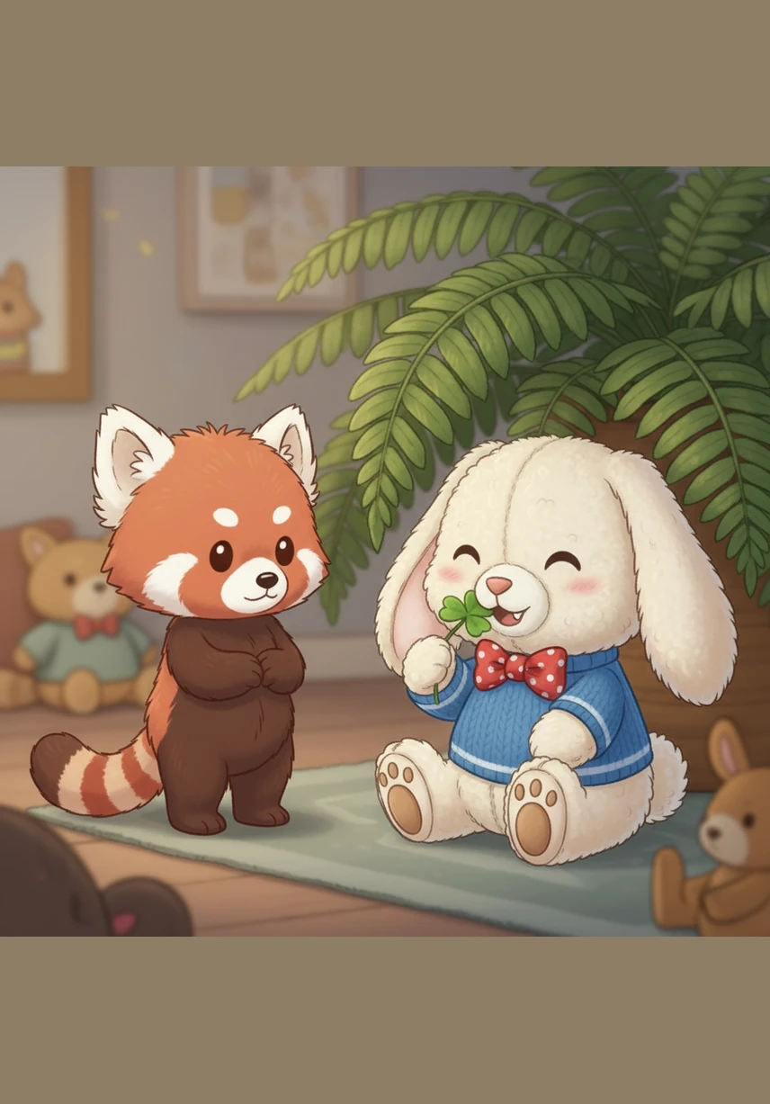 Before he tucks himself in, Pippin decides to visit his best friend, Barnaby the Bunny. Barnaby is nibbling on a sweet clover snack under a big, leafy green fern.