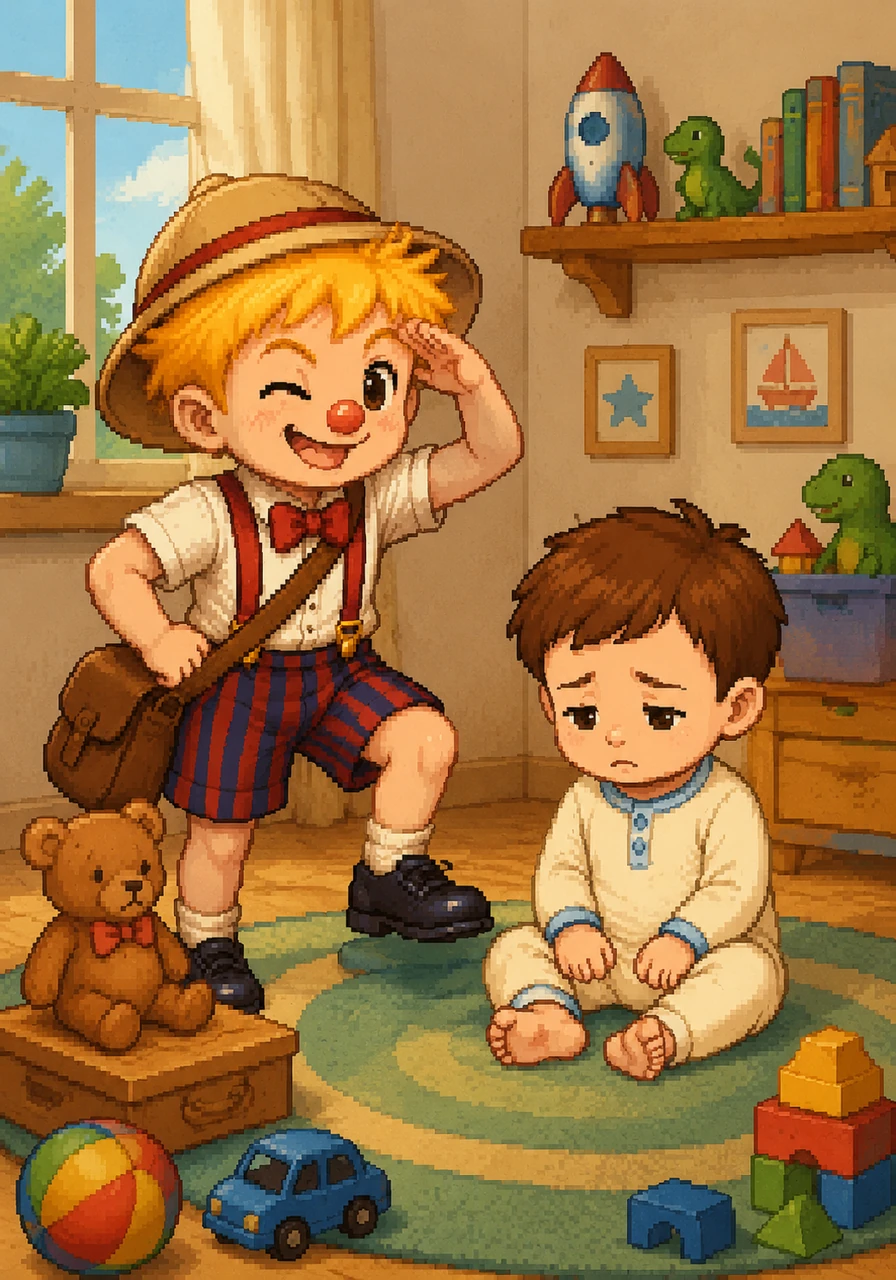 Milo noticed that his baby brother Oakley was unusually quiet today. The bright, toothy grin that usually lit up Oakley’s face had vanished, leaving him looking very sad. Milo put on his imaginary explorer’s hat and declared he would find that lost smile, no matter where it was hiding.