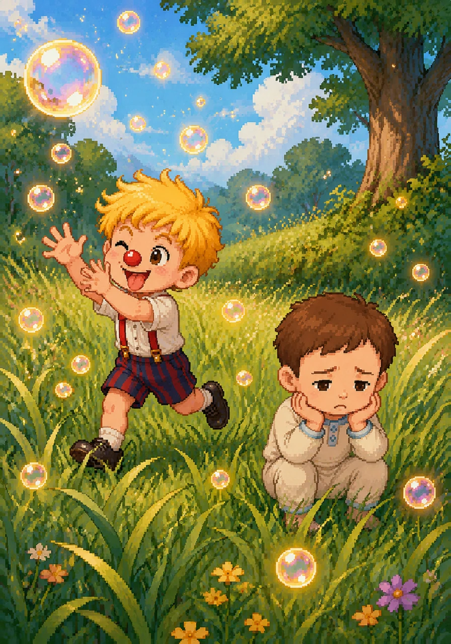 Milo marched out into the garden and reached the Tickle Meadow, where the tall grass swayed like it was laughing. He tried to catch the floating bubbles of light that danced in the air, thinking one might be the missing smile. Though the bubbles were pretty, they didn't make Oakley's face light up.